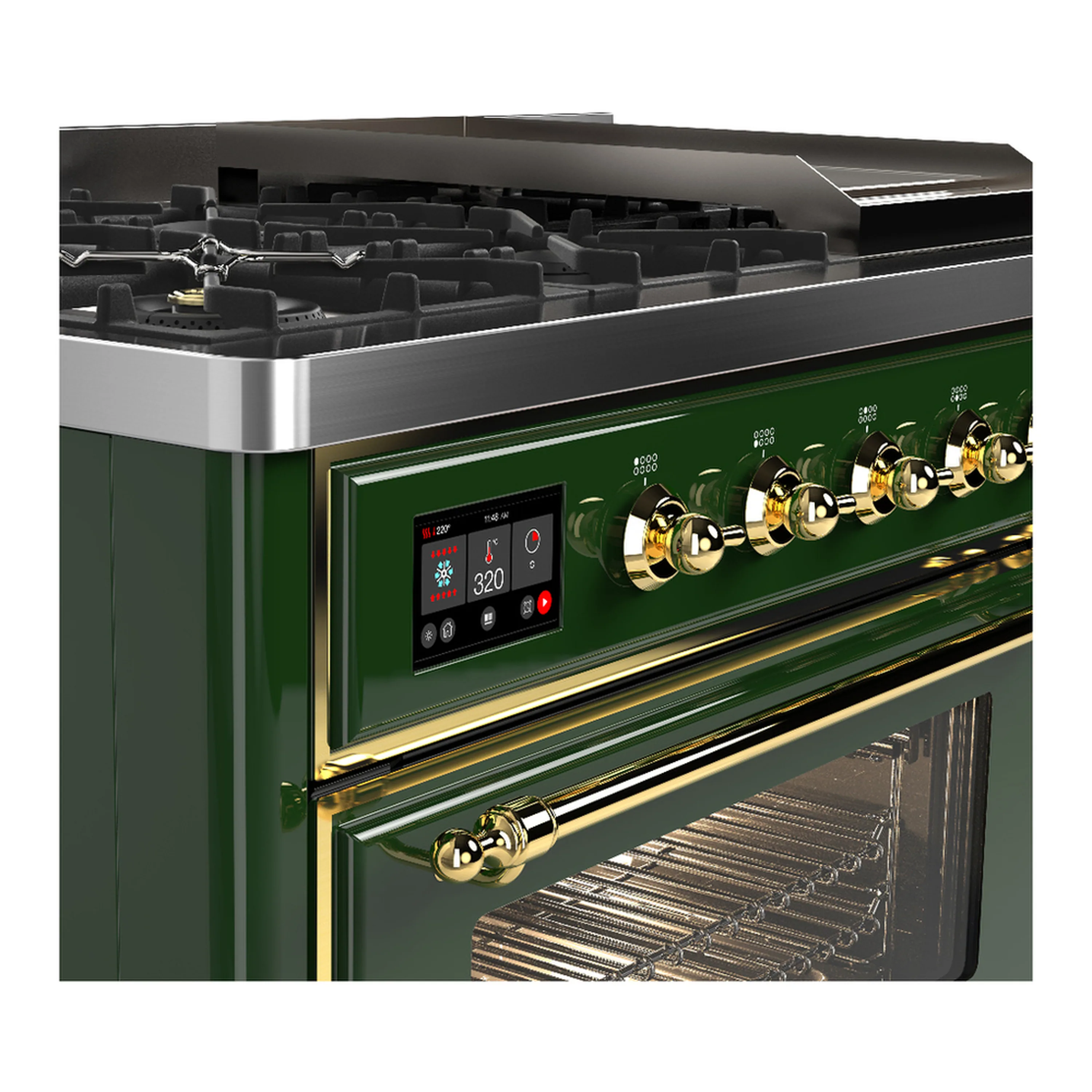 ILVE Majestic III 48-inch Dual Fuel Range with 5 Natural Gas Burner, Griddle and Triple Glass Door Electric Oven in Emerald Green with Brass Trim (UM48FNR3EGG) - Image 7