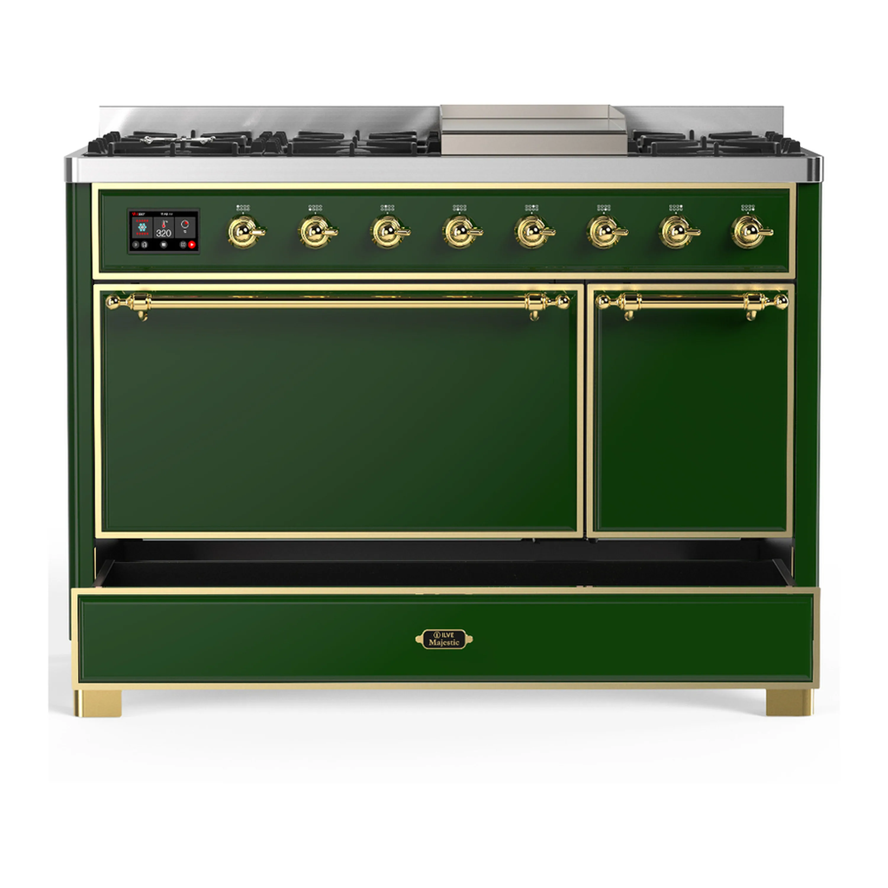 ILVE Majestic III 48-inch Dual Fuel Range with 5 Natural Gas Burner, Griddle and Solid Door Electric Oven in Emerald Green with Brass Trim (UM48FQNR3EGG) - Image 3