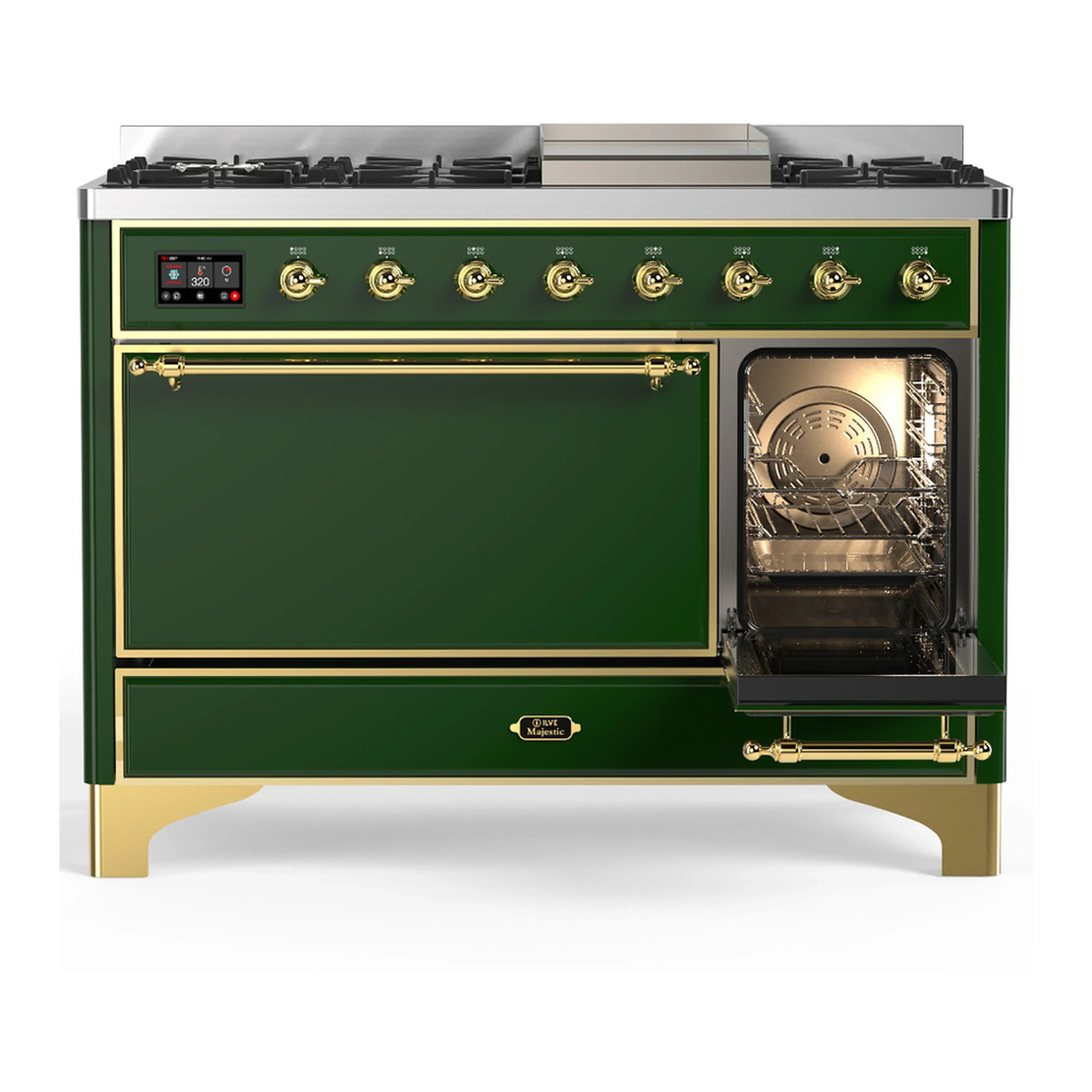 ILVE Majestic III 48-inch Dual Fuel Range with 5 Natural Gas Burner, Griddle and Solid Door Electric Oven in Emerald Green with Brass Trim (UM48FQNR3EGG) - Image 4