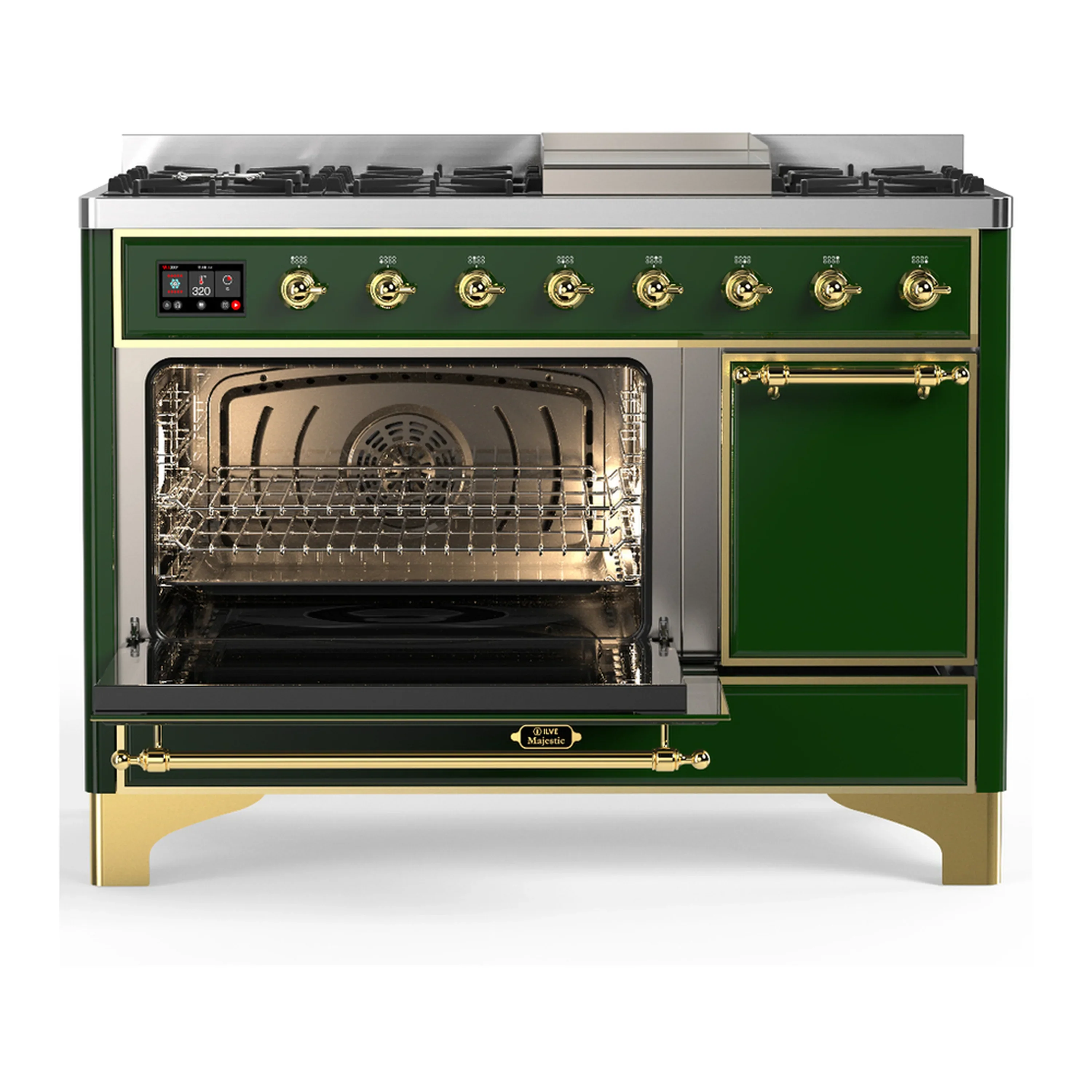 ILVE Majestic III 48-inch Dual Fuel Range with 5 Natural Gas Burner, Griddle and Solid Door Electric Oven in Emerald Green with Brass Trim (UM48FQNR3EGG) - Image 5
