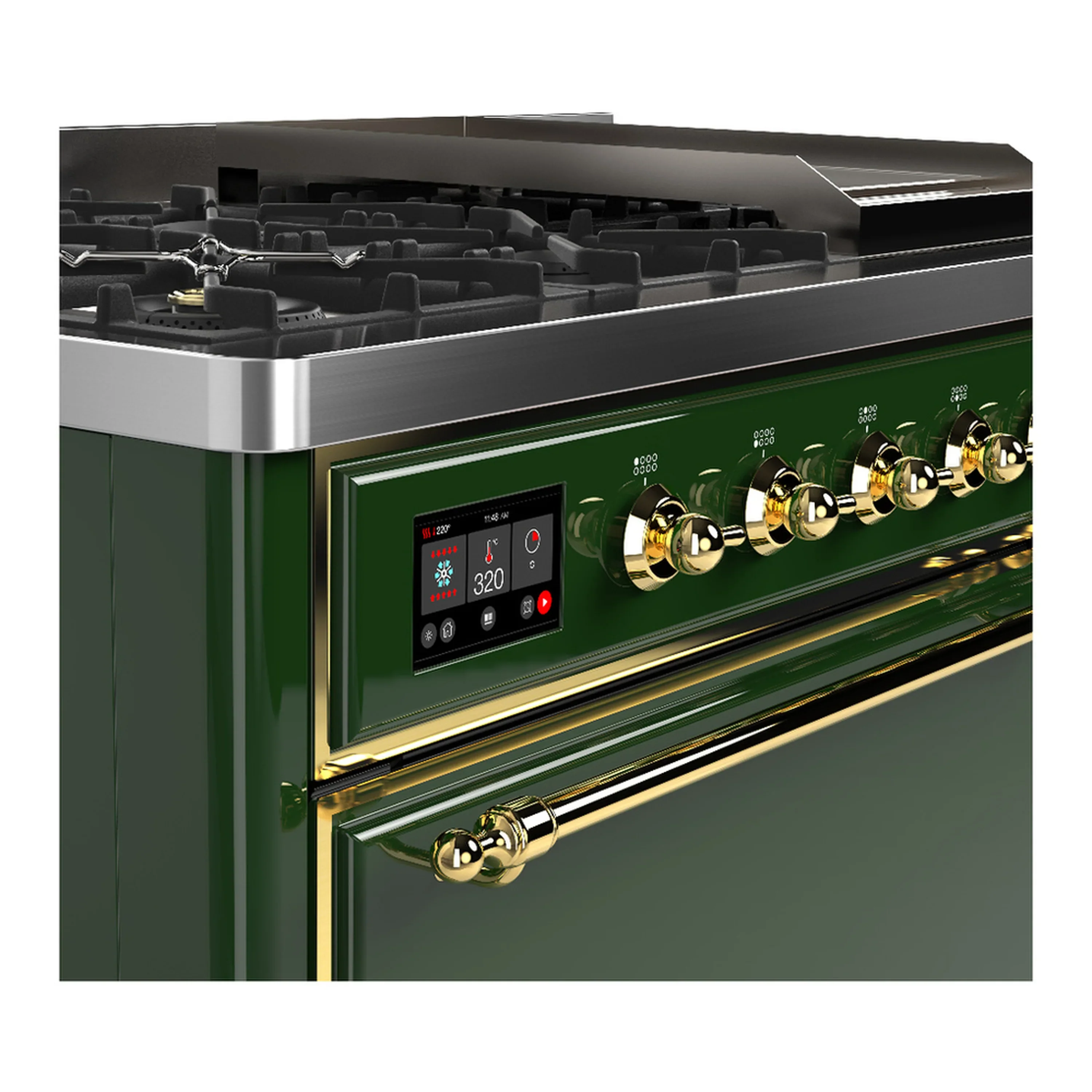 ILVE Majestic III 48-inch Dual Fuel Range with 5 Natural Gas Burner, Griddle and Solid Door Electric Oven in Emerald Green with Brass Trim (UM48FQNR3EGG) - Image 7