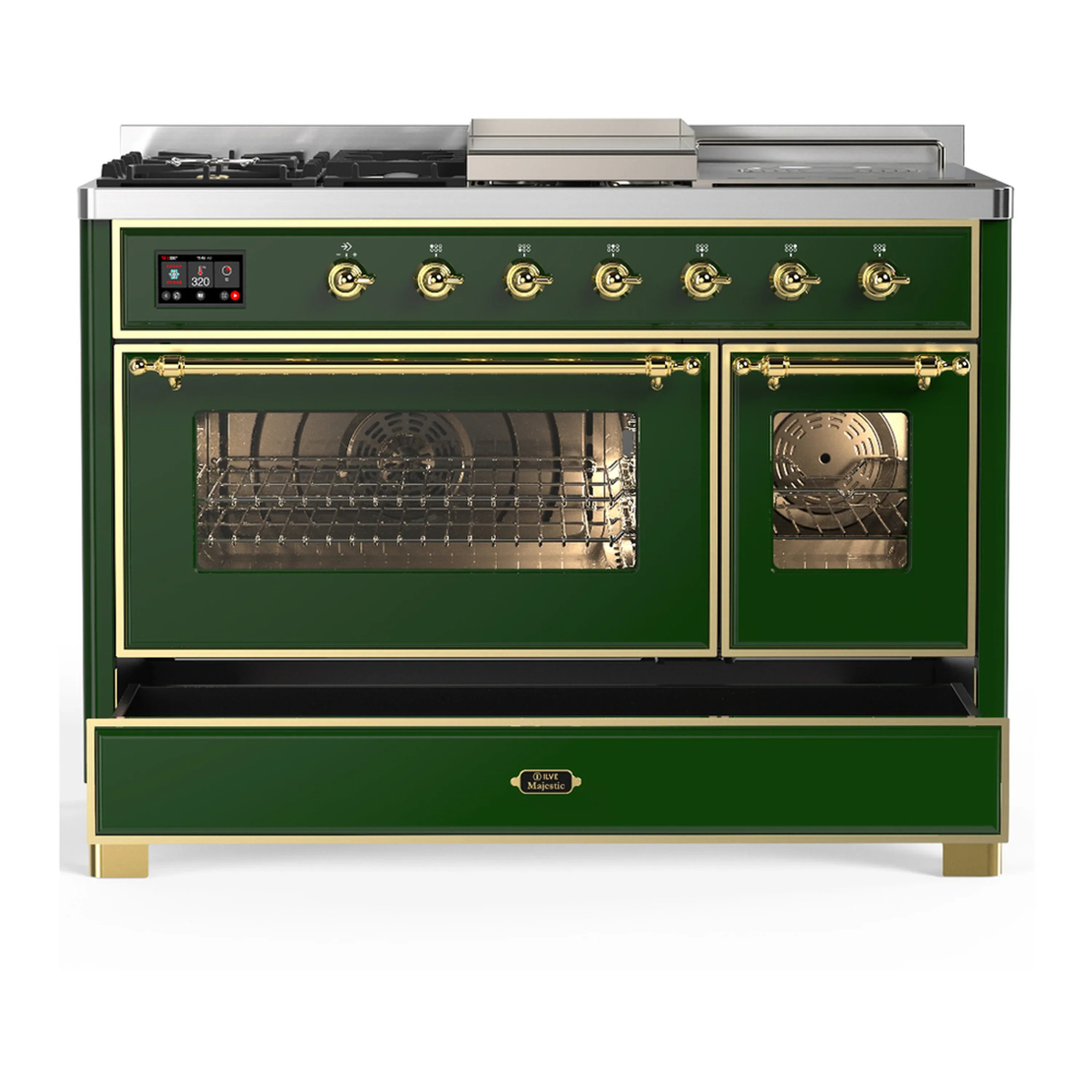 ILVE Majestic III 48-inch Dual Fuel Range with 5 Liquid Propane Burner, Griddle, French Top and Triple Glass Door Electric Oven in Emerald Green with Brass Trim (UM48FSNR3EGGLP) - Image 3