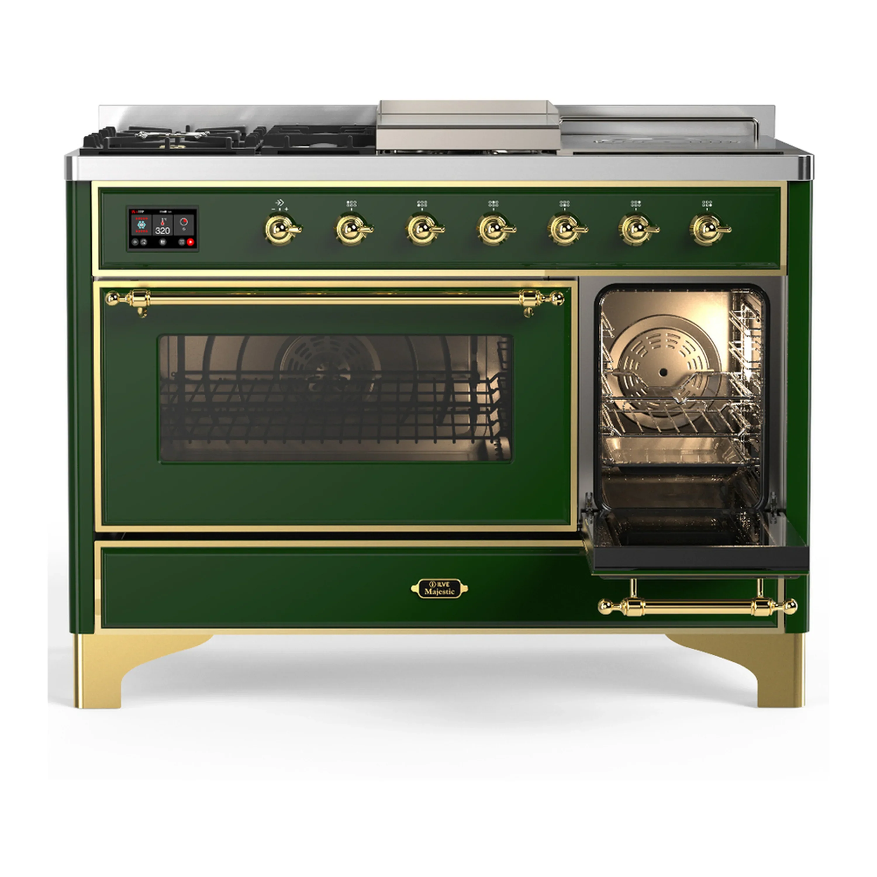 ILVE Majestic III 48-inch Dual Fuel Range with 5 Liquid Propane Burner, Griddle, French Top and Triple Glass Door Electric Oven in Emerald Green with Brass Trim (UM48FSNR3EGGLP) - Image 4