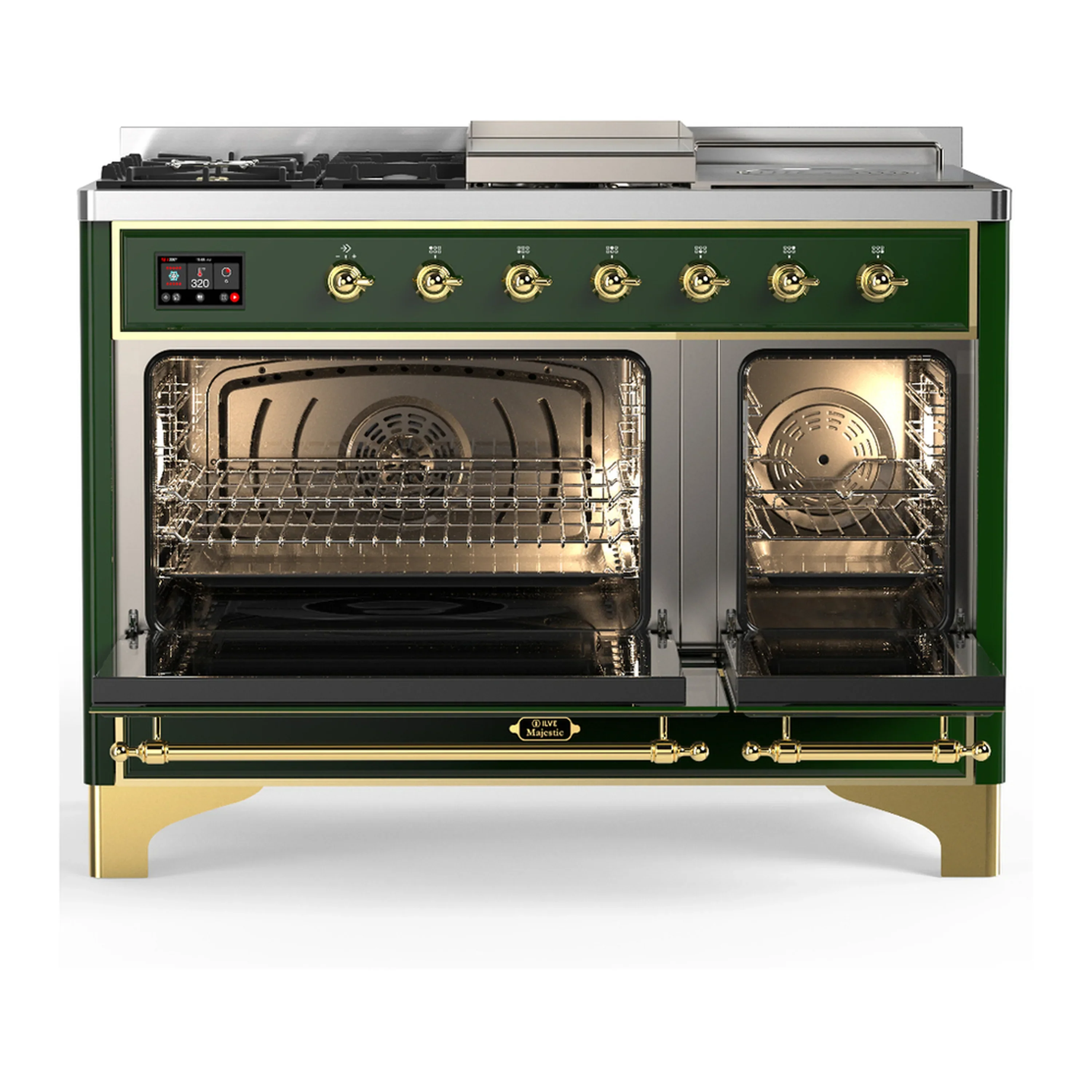 ILVE Majestic III 48-inch Dual Fuel Range with 5 Liquid Propane Burner, Griddle, French Top and Triple Glass Door Electric Oven in Emerald Green with Brass Trim (UM48FSNR3EGGLP) - Image 6