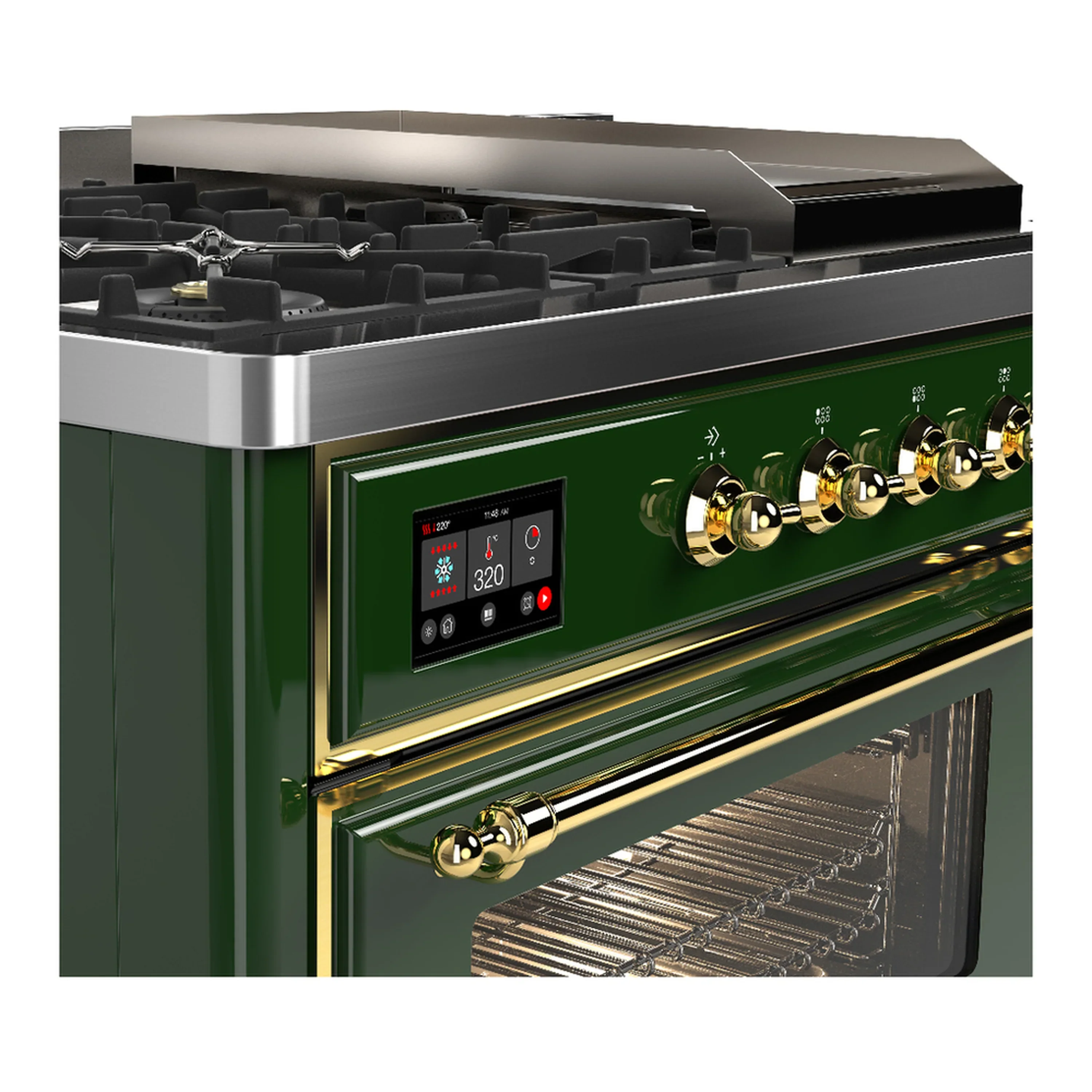 ILVE Majestic III 48-inch Dual Fuel Range with 5 Liquid Propane Burner, Griddle, French Top and Triple Glass Door Electric Oven in Emerald Green with Brass Trim (UM48FSNR3EGGLP) - Image 7
