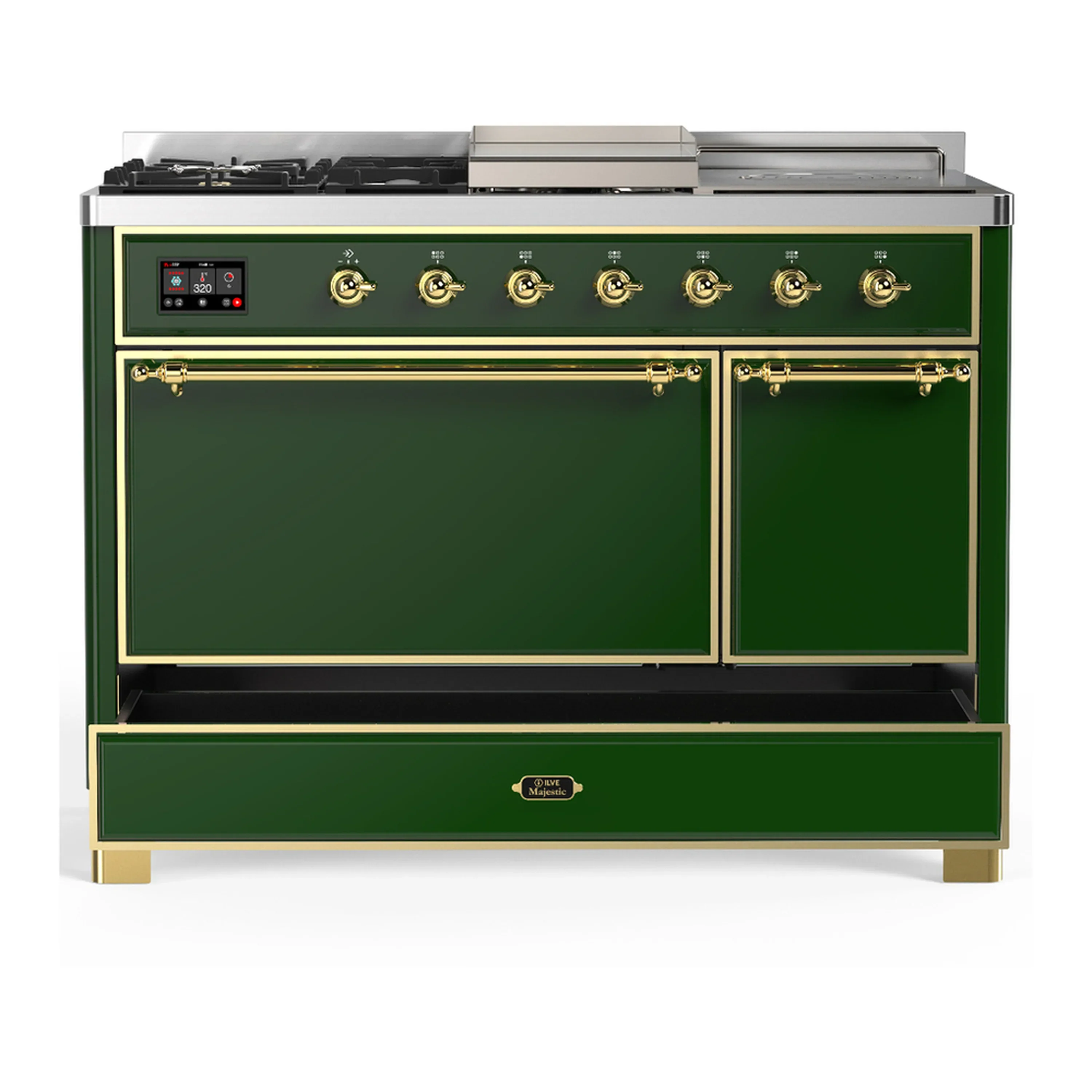 ILVE Majestic III 48-inch Dual Fuel Range with 5 Natural Gas Burner, Griddle, French Top and Solid Door Electric Oven in Emerald Green with Brass Trim (UM48FSQNR3EGG) - Image 3