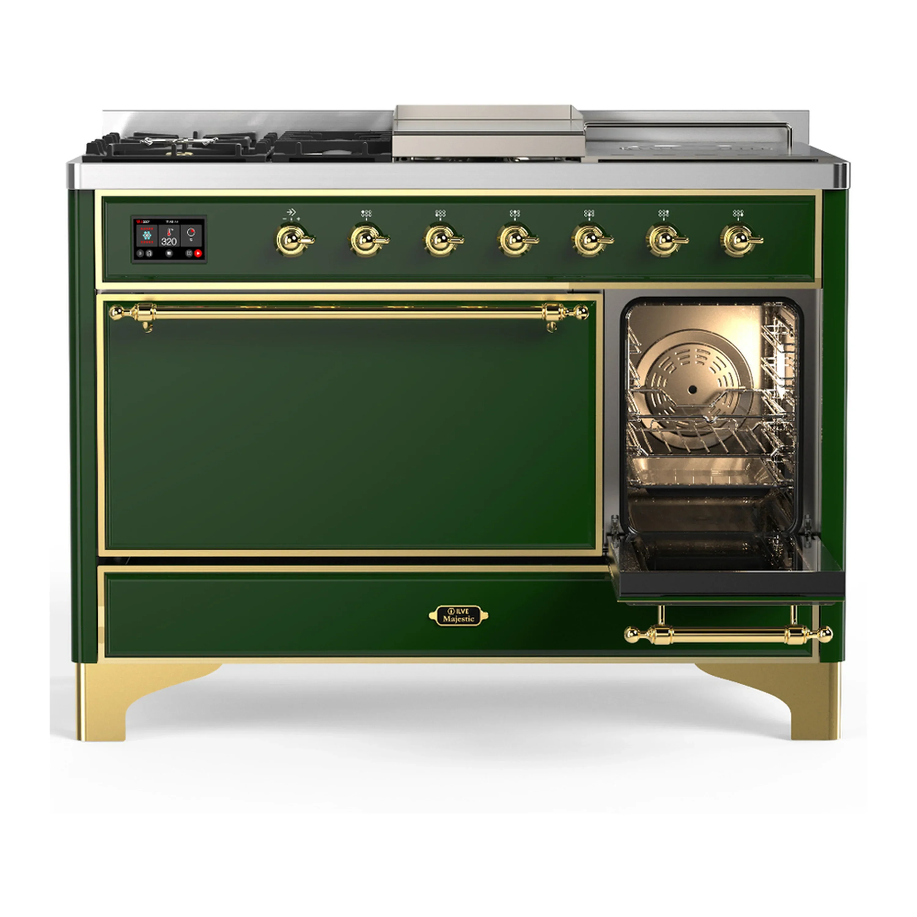 ILVE Majestic III 48-inch Dual Fuel Range with 5 Natural Gas Burner, Griddle, French Top and Solid Door Electric Oven in Emerald Green with Brass Trim (UM48FSQNR3EGG) - Image 4