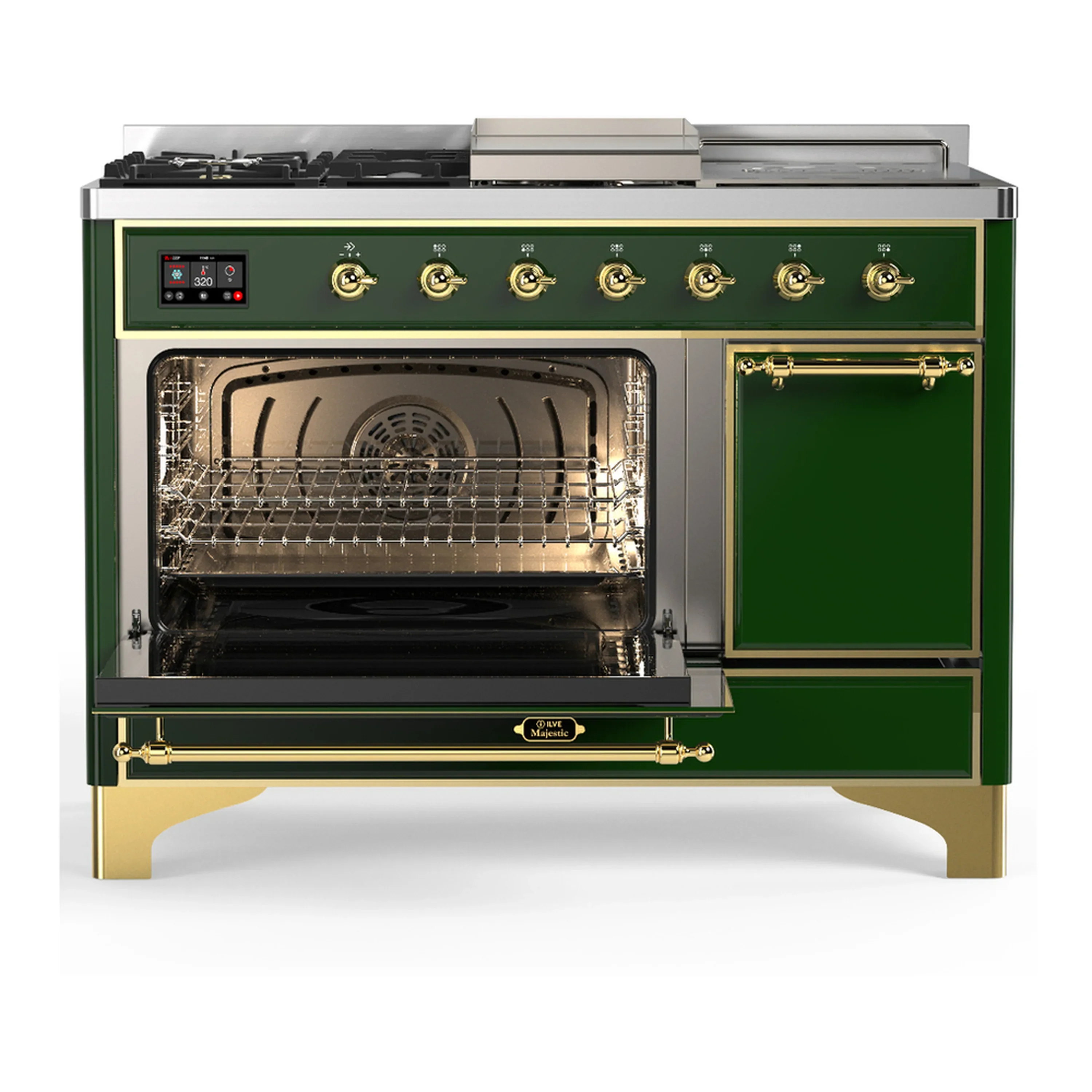 ILVE Majestic III 48-inch Dual Fuel Range with 5 Natural Gas Burner, Griddle, French Top and Solid Door Electric Oven in Emerald Green with Brass Trim (UM48FSQNR3EGG) - Image 5