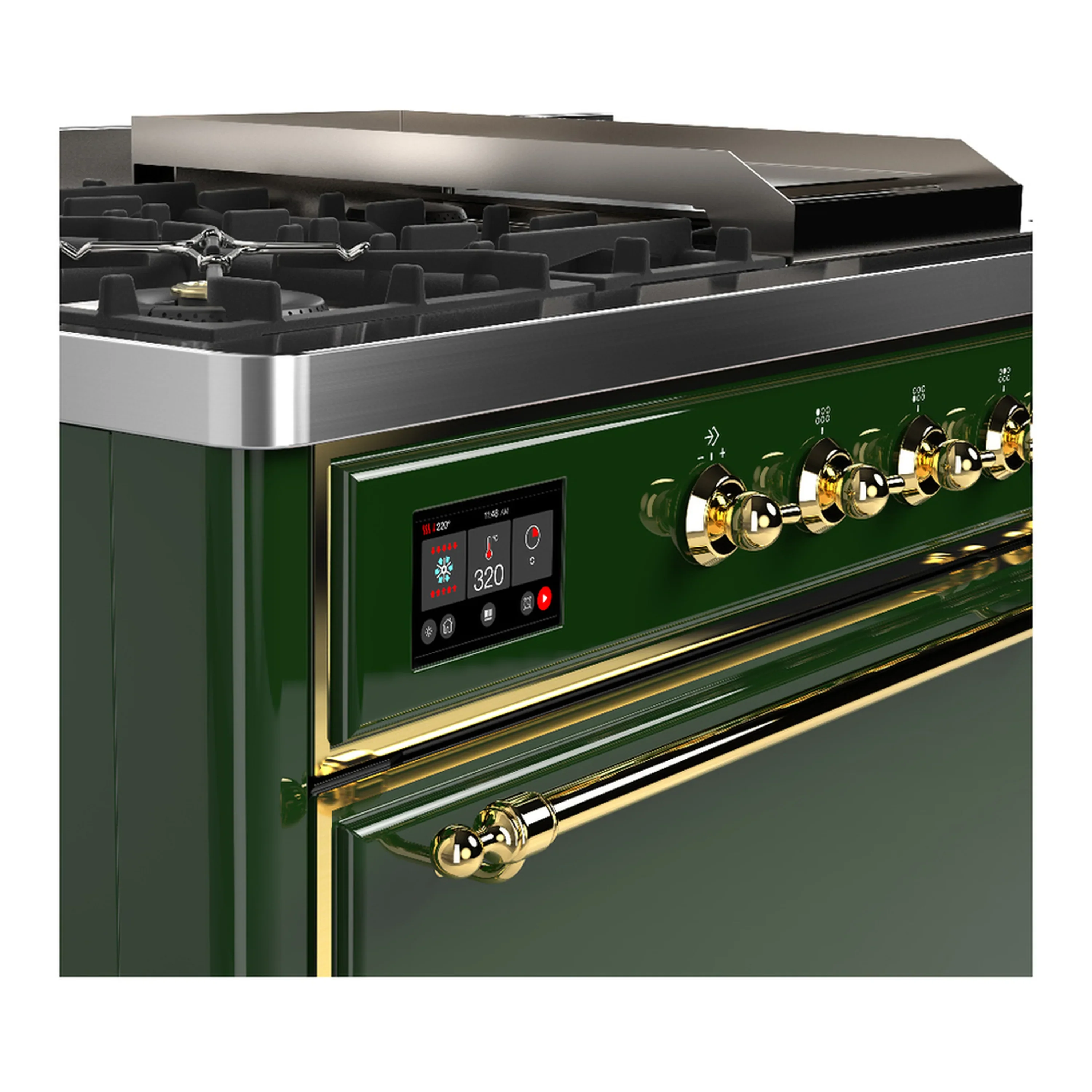 ILVE Majestic III 48-inch Dual Fuel Range with 5 Natural Gas Burner, Griddle, French Top and Solid Door Electric Oven in Emerald Green with Brass Trim (UM48FSQNR3EGG) - Image 7