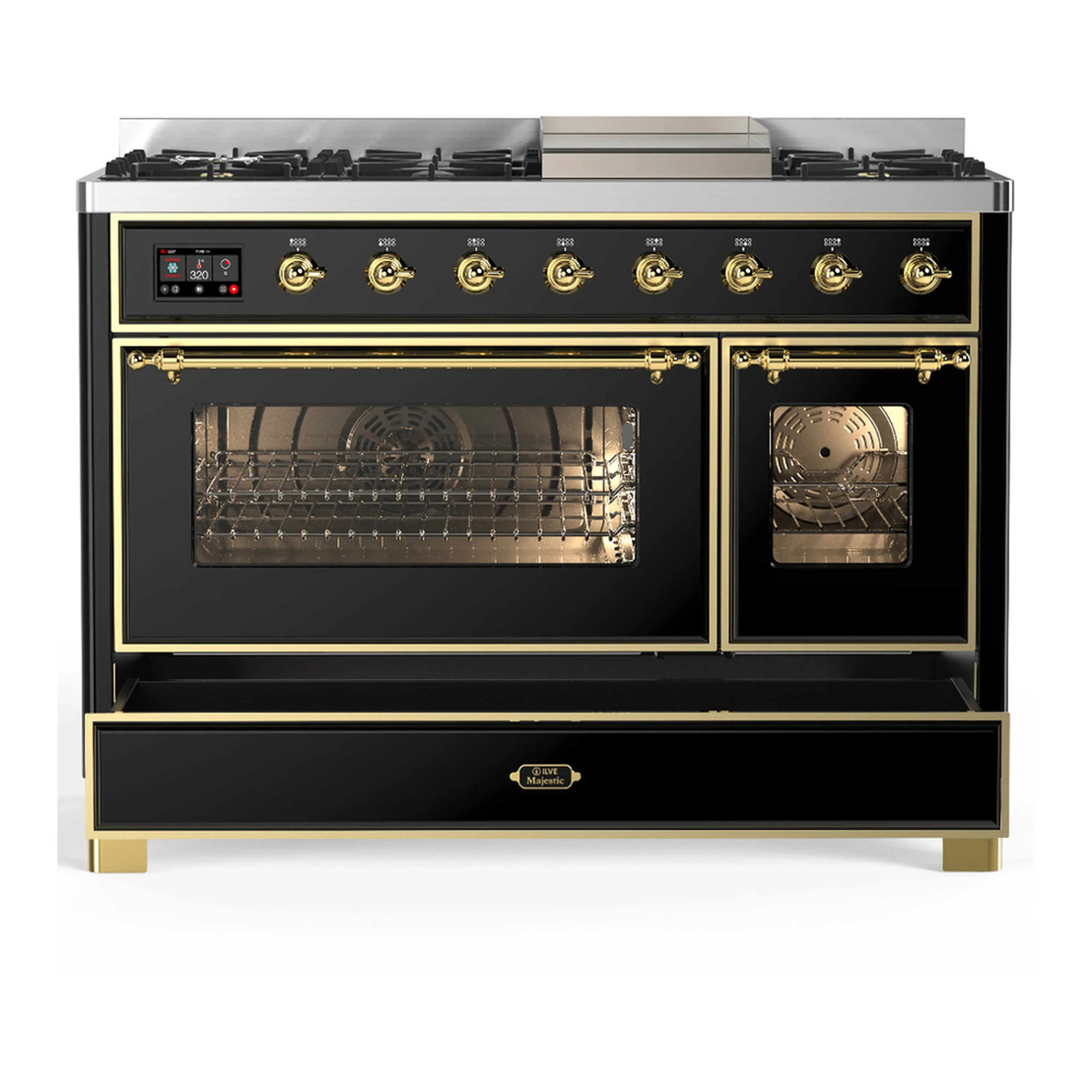 ILVE Majestic III 48-inch Dual Fuel Range with 5 Liquid Propane Burner, Griddle and Triple Glass Door Electric Oven in Glossy Black with Brass Trim (UM48FNR3BKGLP) - Image 3