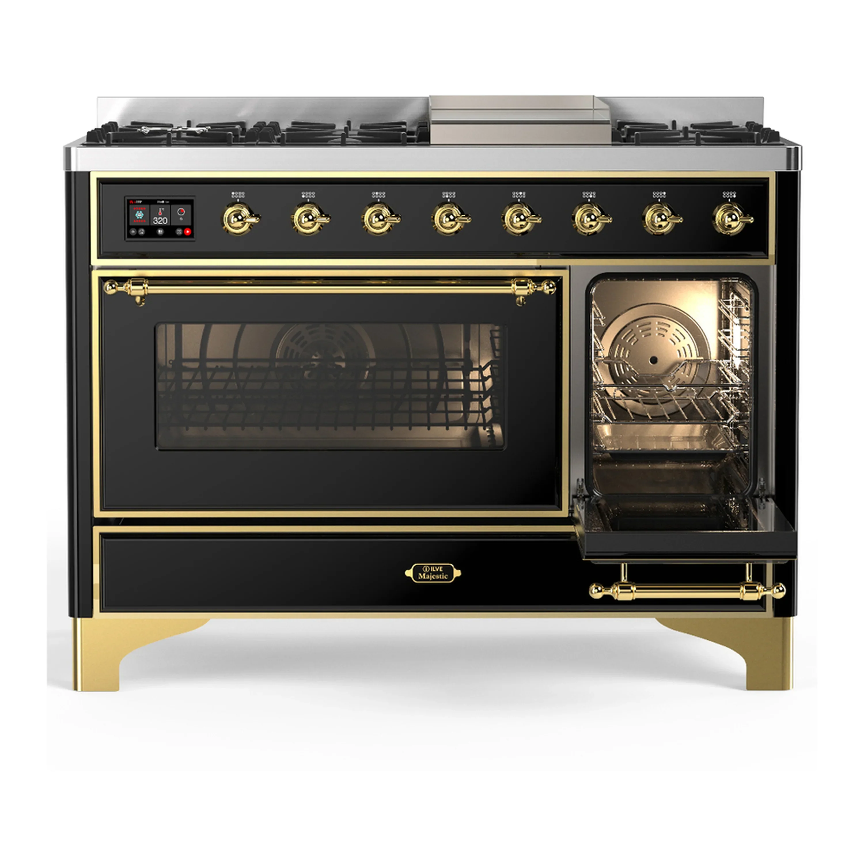 ILVE Majestic III 48-inch Dual Fuel Range with 5 Liquid Propane Burner, Griddle and Triple Glass Door Electric Oven in Glossy Black with Brass Trim (UM48FNR3BKGLP) - Image 4