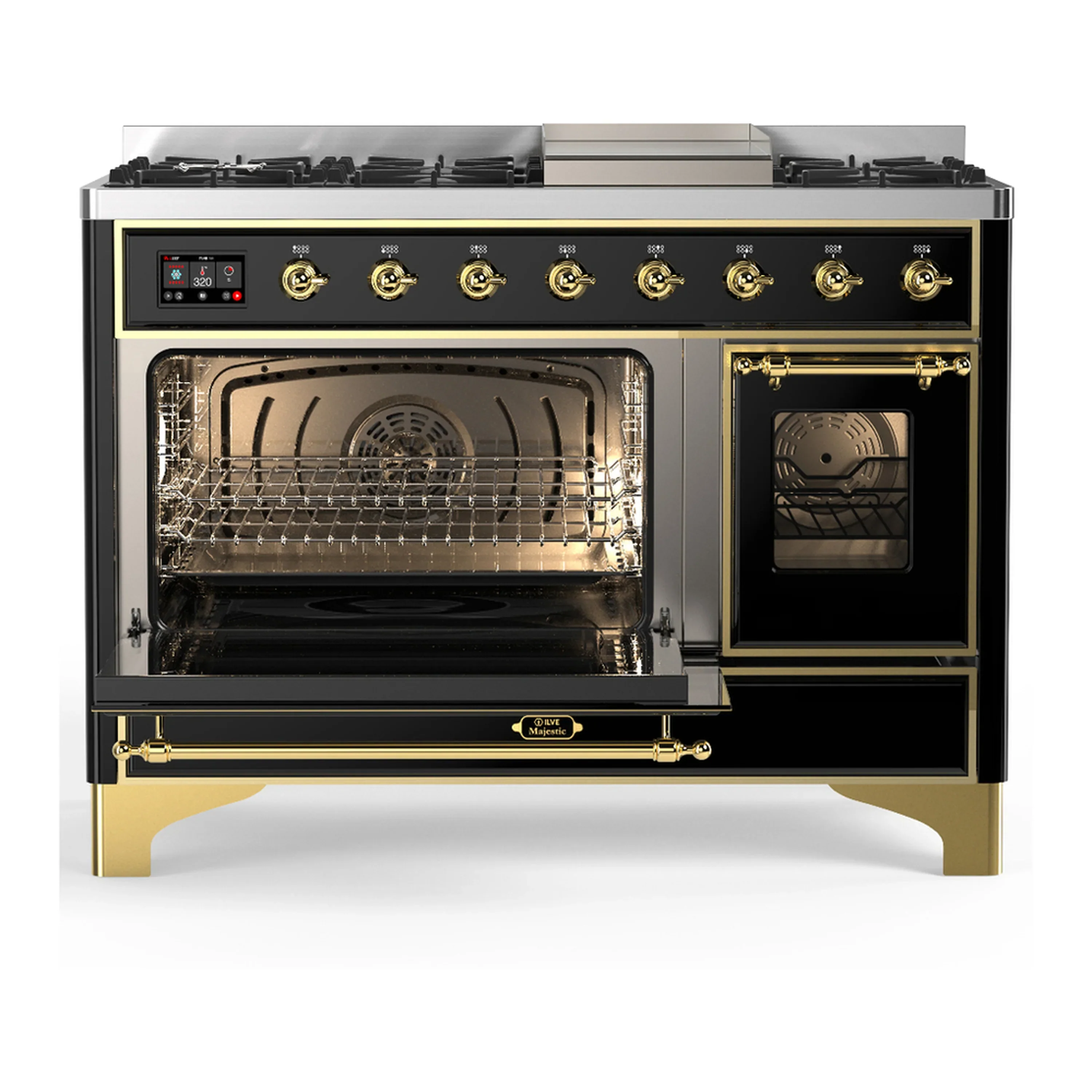 ILVE Majestic III 48-inch Dual Fuel Range with 5 Liquid Propane Burner, Griddle and Triple Glass Door Electric Oven in Glossy Black with Brass Trim (UM48FNR3BKGLP) - Image 5