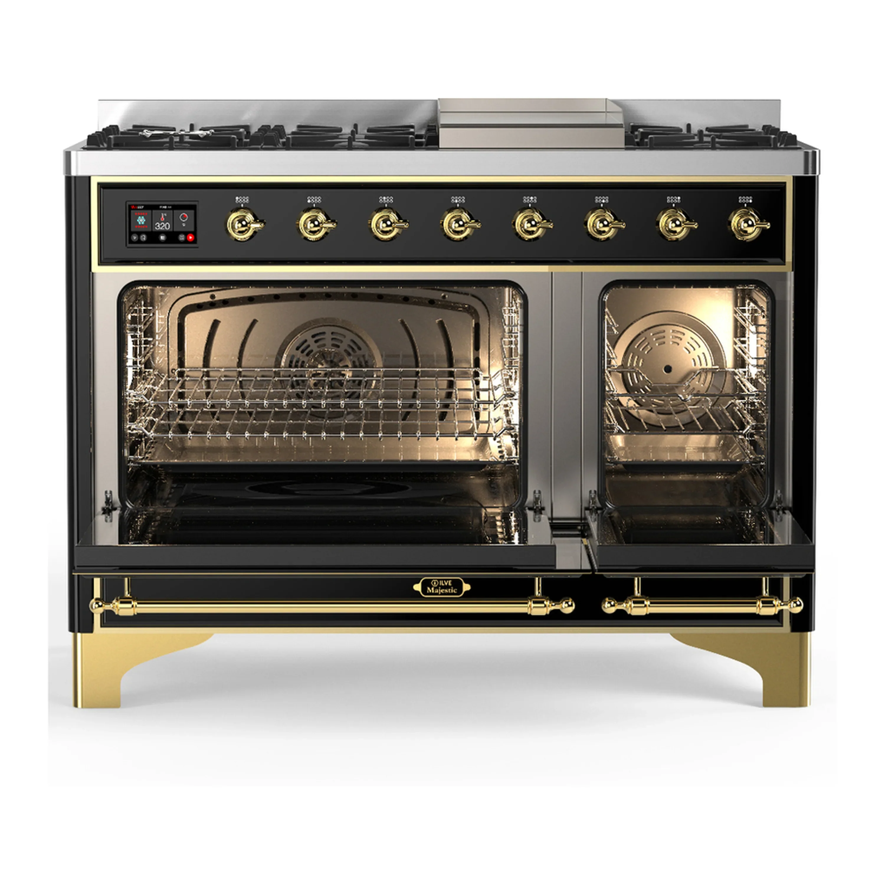 ILVE Majestic III 48-inch Dual Fuel Range with 5 Liquid Propane Burner, Griddle and Triple Glass Door Electric Oven in Glossy Black with Brass Trim (UM48FNR3BKGLP) - Image 6