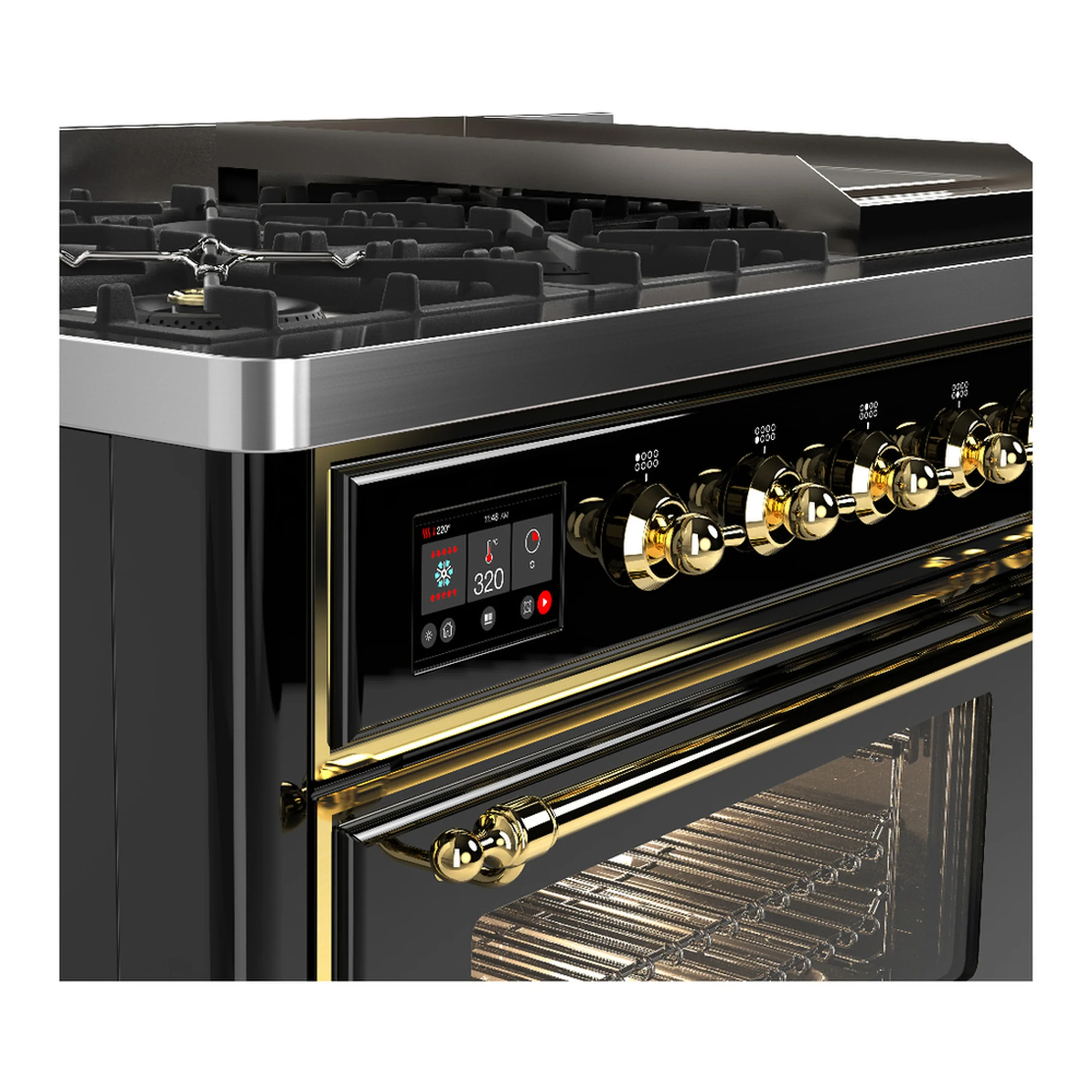 ILVE Majestic III 48-inch Dual Fuel Range with 5 Liquid Propane Burner, Griddle and Triple Glass Door Electric Oven in Glossy Black with Brass Trim (UM48FNR3BKGLP) - Image 7