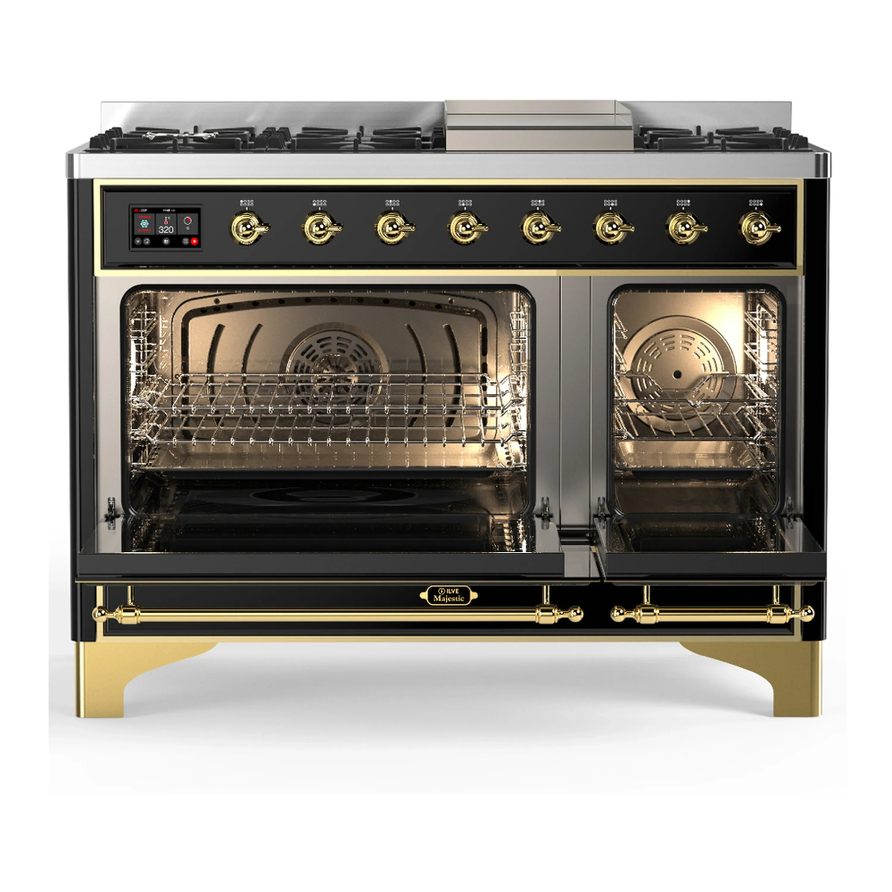ILVE Majestic III 48-inch Dual Fuel Range with 5 Natural Gas Burner, Griddle and Solid Door Electric Oven in Glossy Black with Brass Trim (UM48FQNR3BKG) - Image 6