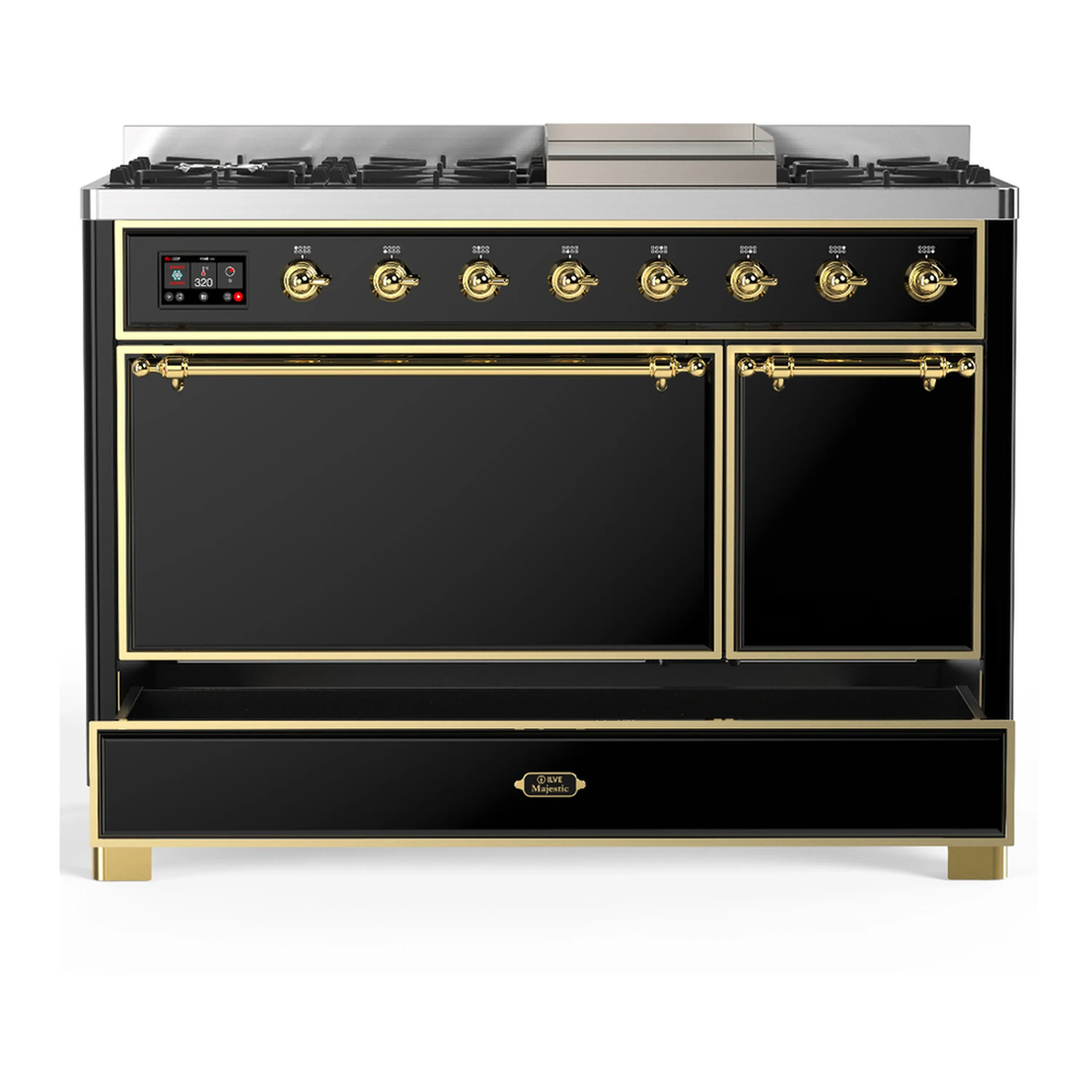 ILVE Majestic III 48-inch Dual Fuel Range with 5 Liquid Propane Burner, Griddle and Solid Door Electric Oven in Glossy Black with Brass Trim (UM48FQNR3BKGLP) - Image 3