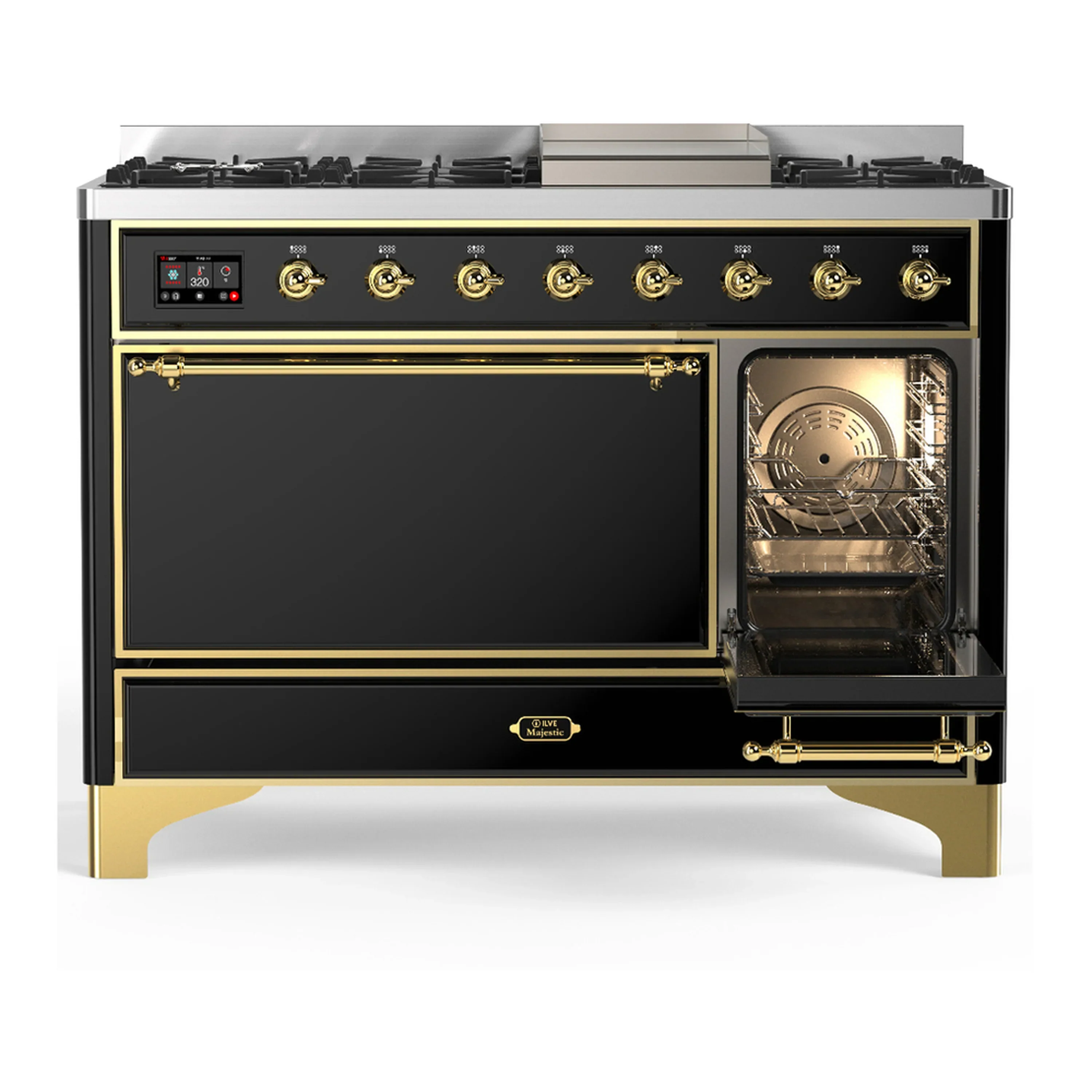 ILVE Majestic III 48-inch Dual Fuel Range with 5 Liquid Propane Burner, Griddle and Solid Door Electric Oven in Glossy Black with Brass Trim (UM48FQNR3BKGLP) - Image 4