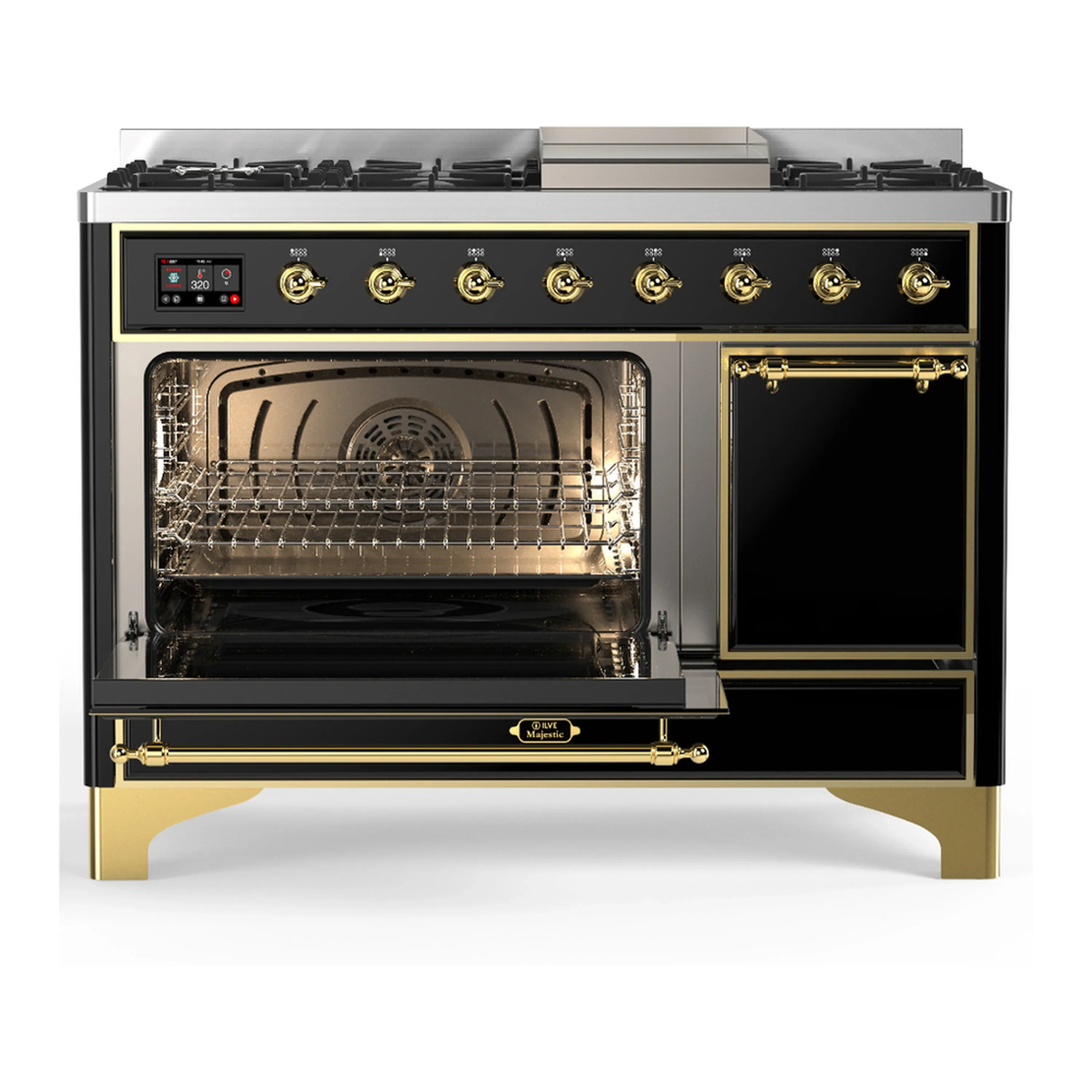 ILVE Majestic III 48-inch Dual Fuel Range with 5 Liquid Propane Burner, Griddle and Solid Door Electric Oven in Glossy Black with Brass Trim (UM48FQNR3BKGLP) - Image 5