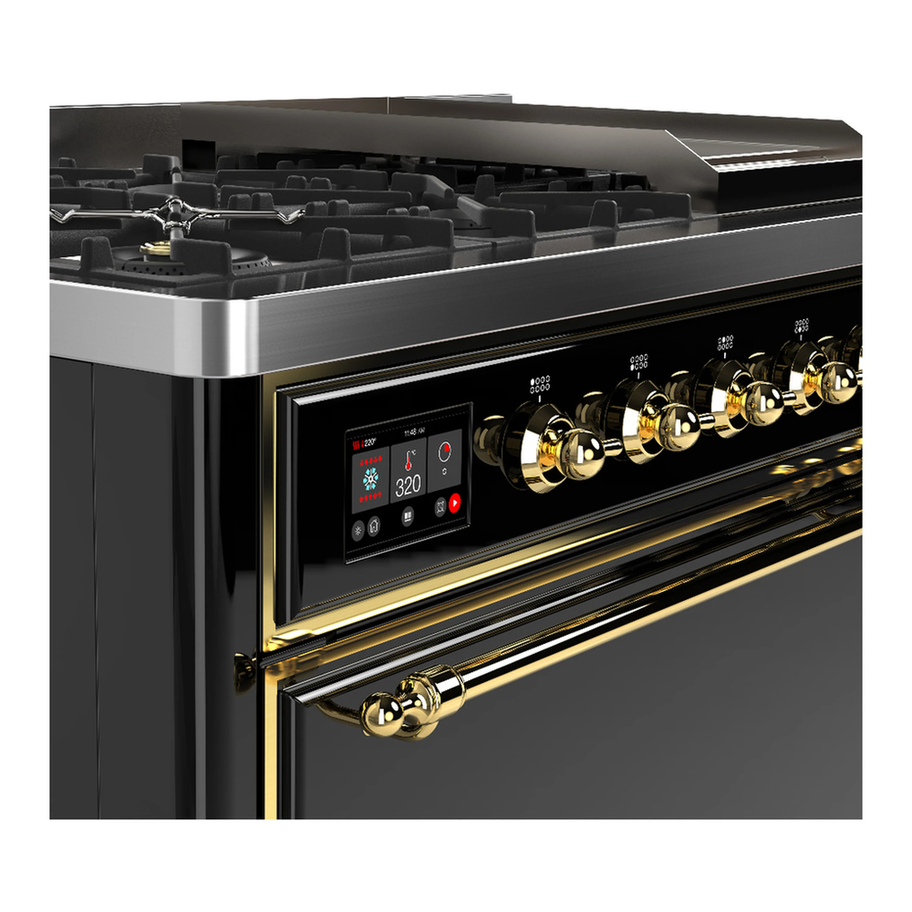 ILVE Majestic III 48-inch Dual Fuel Range with 5 Liquid Propane Burner, Griddle and Solid Door Electric Oven in Glossy Black with Brass Trim (UM48FQNR3BKGLP) - Image 7