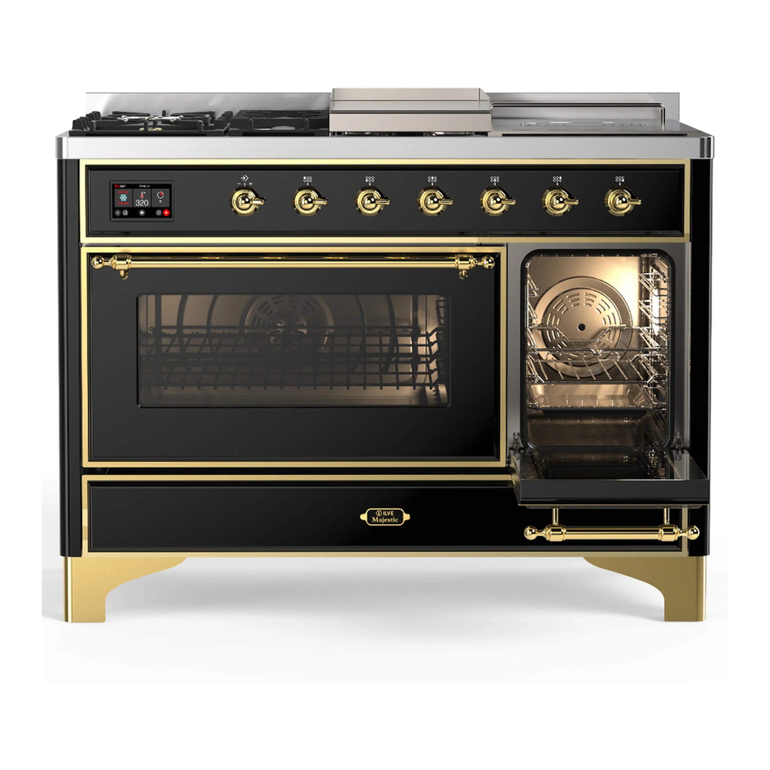 ILVE Majestic III 48-inch Dual Fuel Range with 5 Natural Gas Burner, Griddle, French Top and Triple Glass Door Electric Oven in Glossy Black with Brass Trim (UM48FSNR3BKG) - Image 4