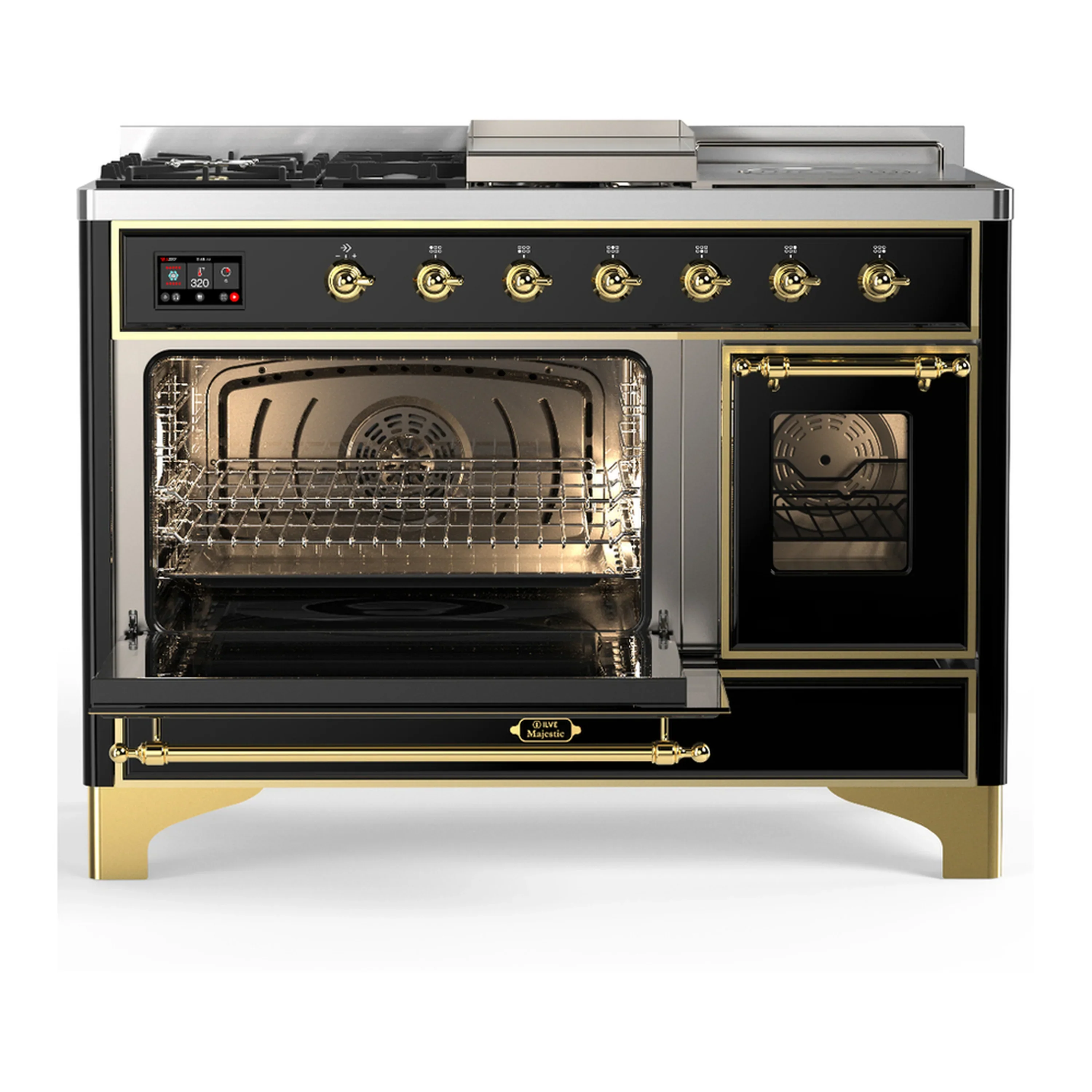 ILVE Majestic III 48-inch Dual Fuel Range with 5 Natural Gas Burner, Griddle, French Top and Triple Glass Door Electric Oven in Glossy Black with Brass Trim (UM48FSNR3BKG) - Image 5