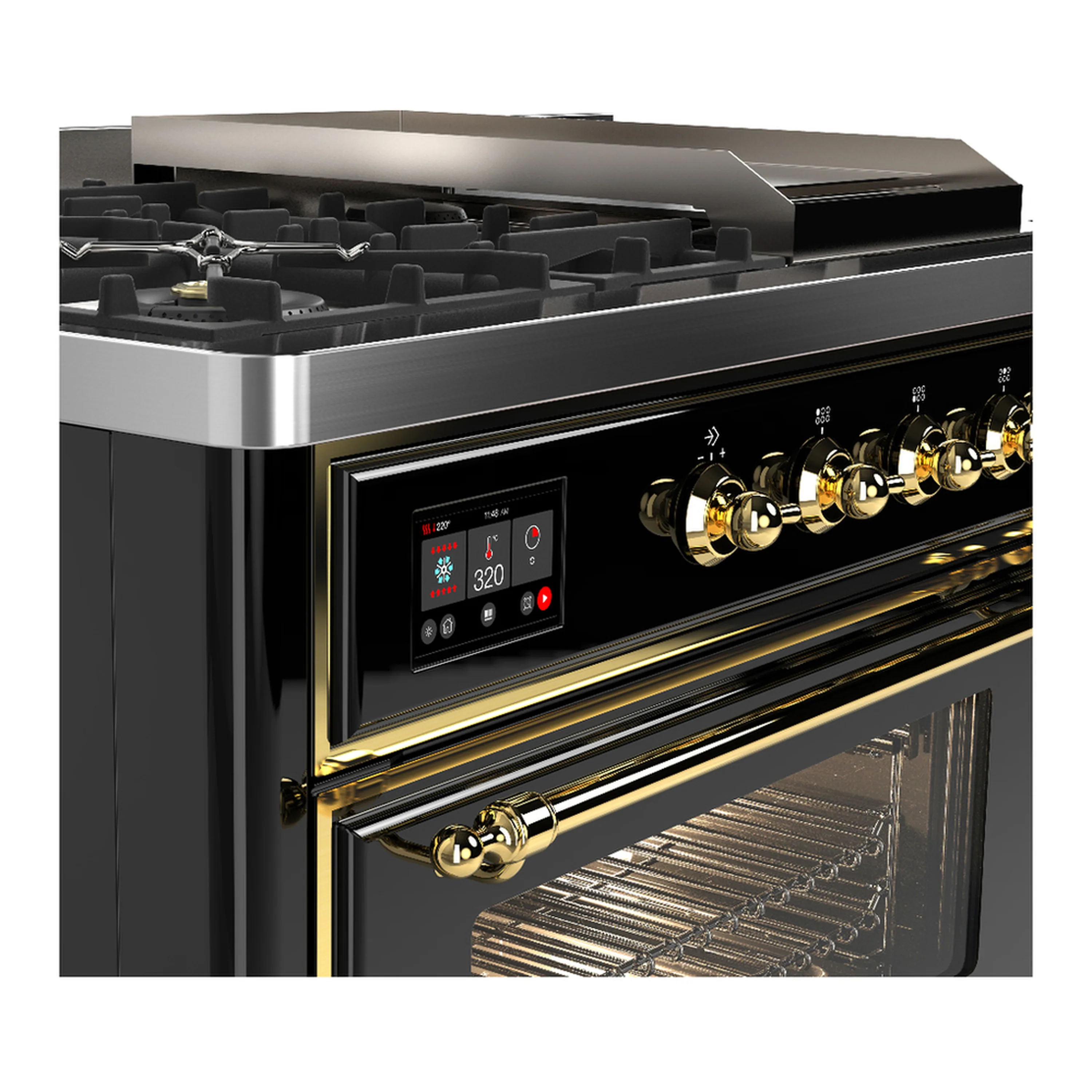 ILVE Majestic III 48-inch Dual Fuel Range with 5 Natural Gas Burner, Griddle, French Top and Triple Glass Door Electric Oven in Glossy Black with Brass Trim (UM48FSNR3BKG) - Image 7