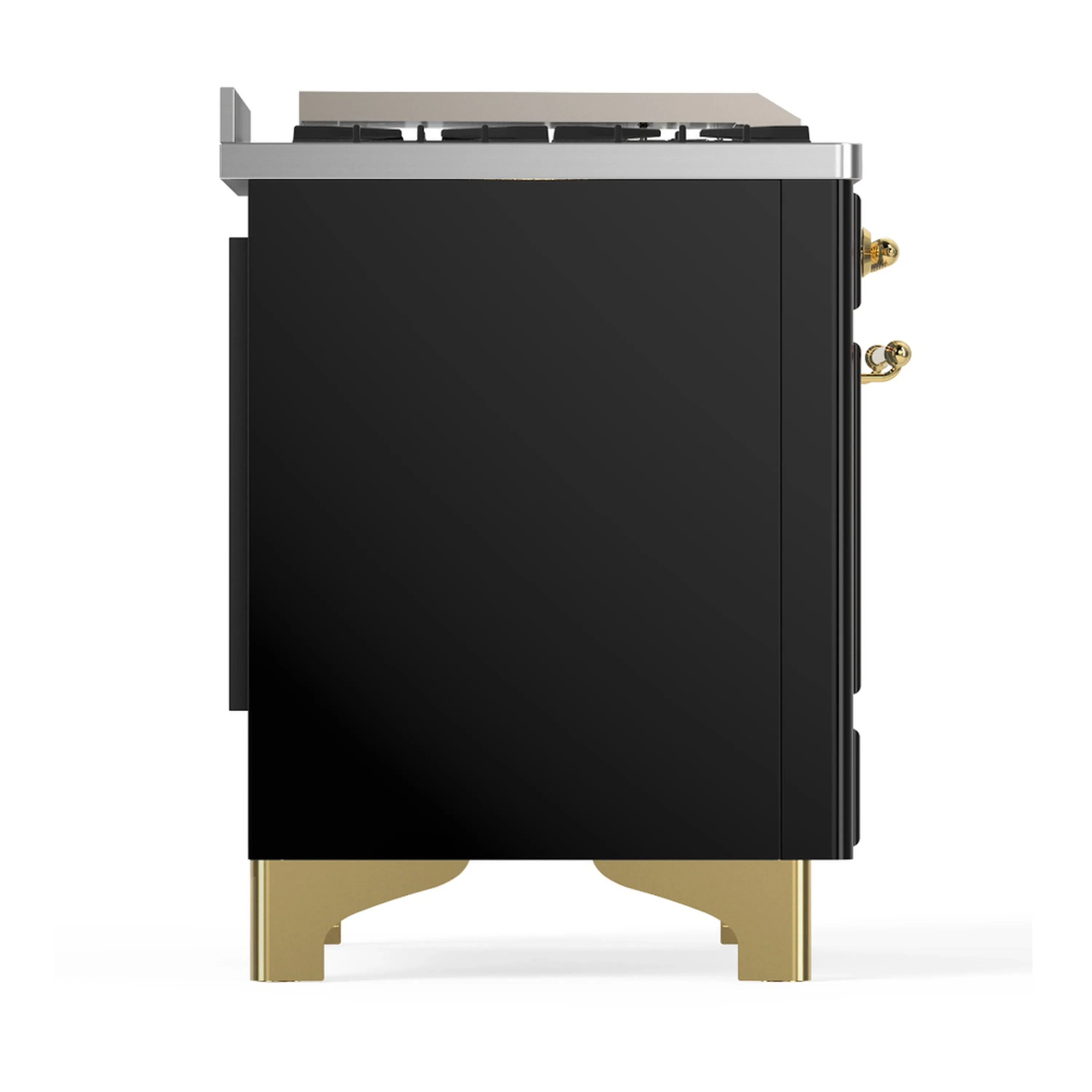 ILVE Majestic III 48-inch Dual Fuel Range with 5 Natural Gas Burner, Griddle, French Top and Triple Glass Door Electric Oven in Glossy Black with Brass Trim (UM48FSNR3BKG) - Image 9