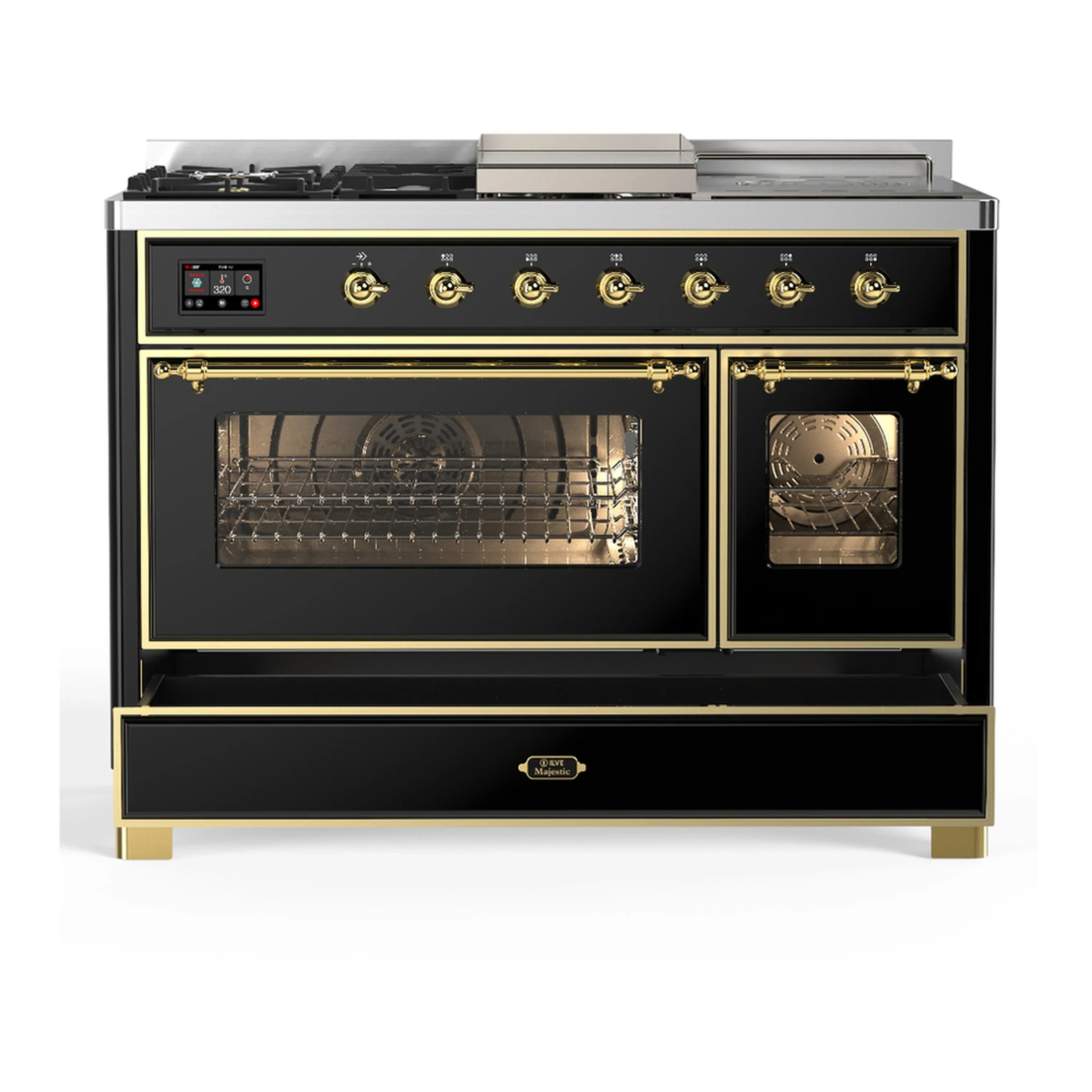 ILVE Majestic III 48-inch Dual Fuel Range with 5 Liquid Propane Burner, Griddle, French Top and Triple Glass Door Electric Oven in Glossy Black with Brass Trim (UM48FSNR3BKGLP) - Image 3
