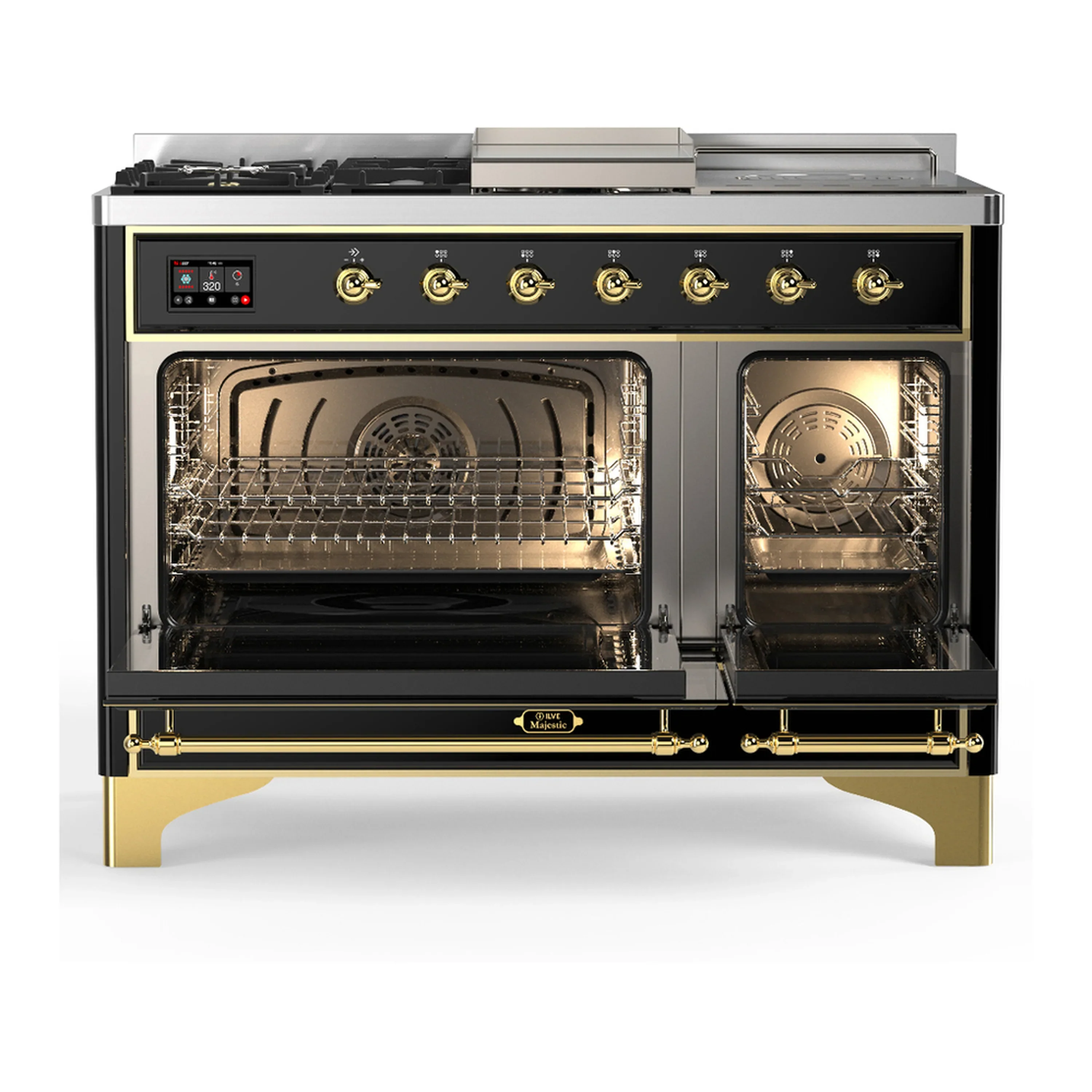 ILVE Majestic III 48-inch Dual Fuel Range with 5 Liquid Propane Burner, Griddle, French Top and Triple Glass Door Electric Oven in Glossy Black with Brass Trim (UM48FSNR3BKGLP) - Image 6