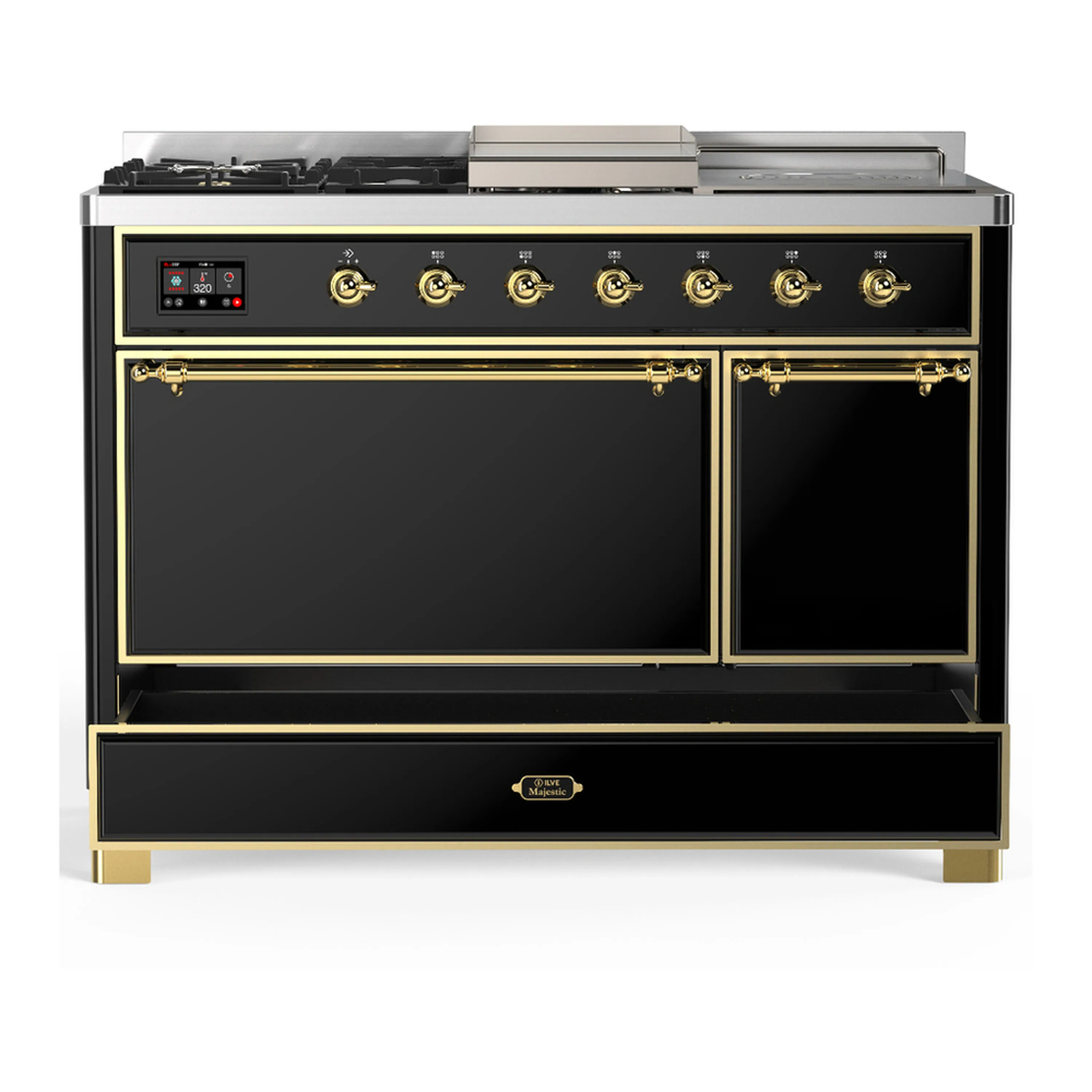 ILVE Majestic III 48-inch Dual Fuel Range with 5 Natural Gas Burner, Griddle, French Top and Solid Door Electric Oven in Glossy Black with Brass Trim (UM48FSQNR3BKG) - Image 3