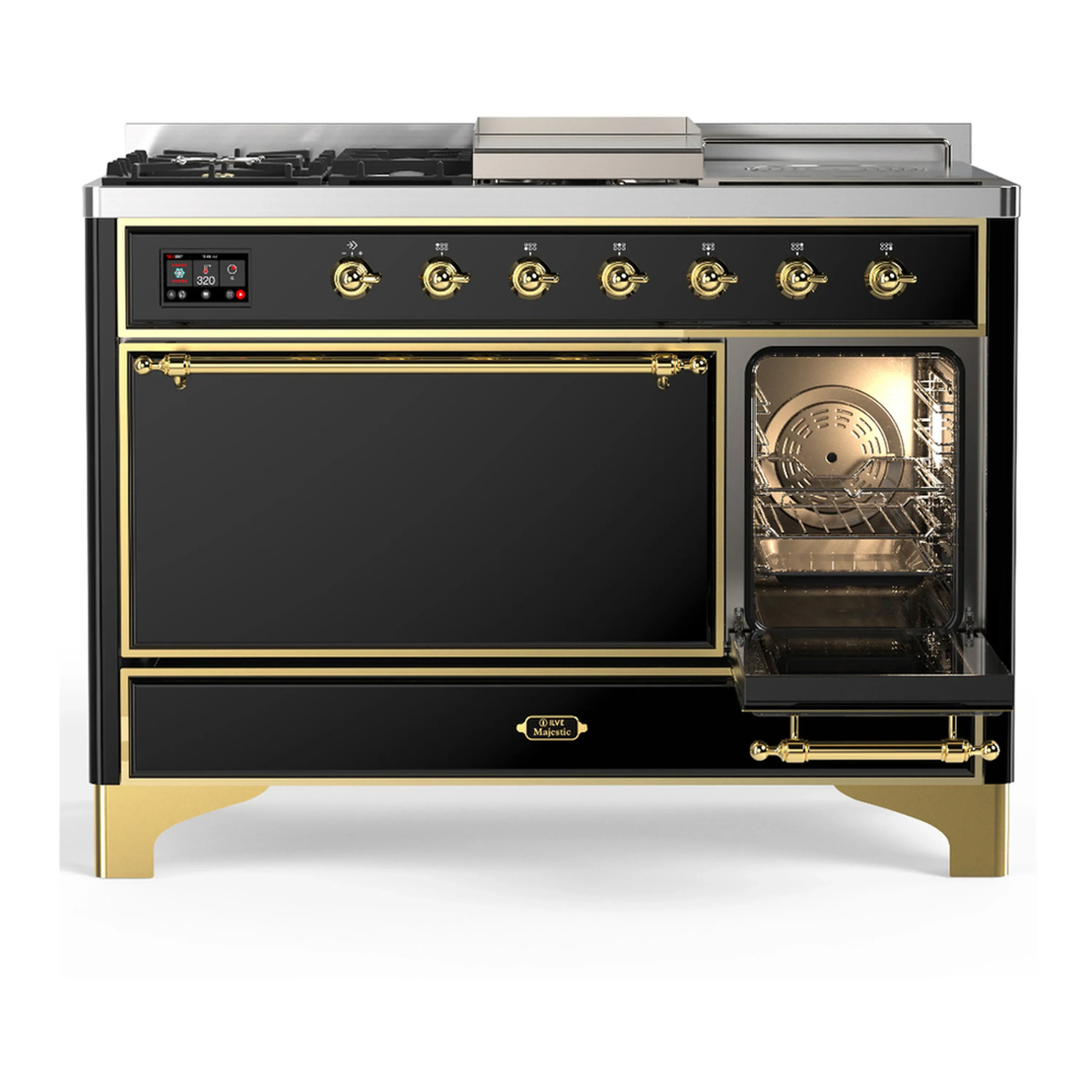 ILVE Majestic III 48-inch Dual Fuel Range with 5 Natural Gas Burner, Griddle, French Top and Solid Door Electric Oven in Glossy Black with Brass Trim (UM48FSQNR3BKG) - Image 4
