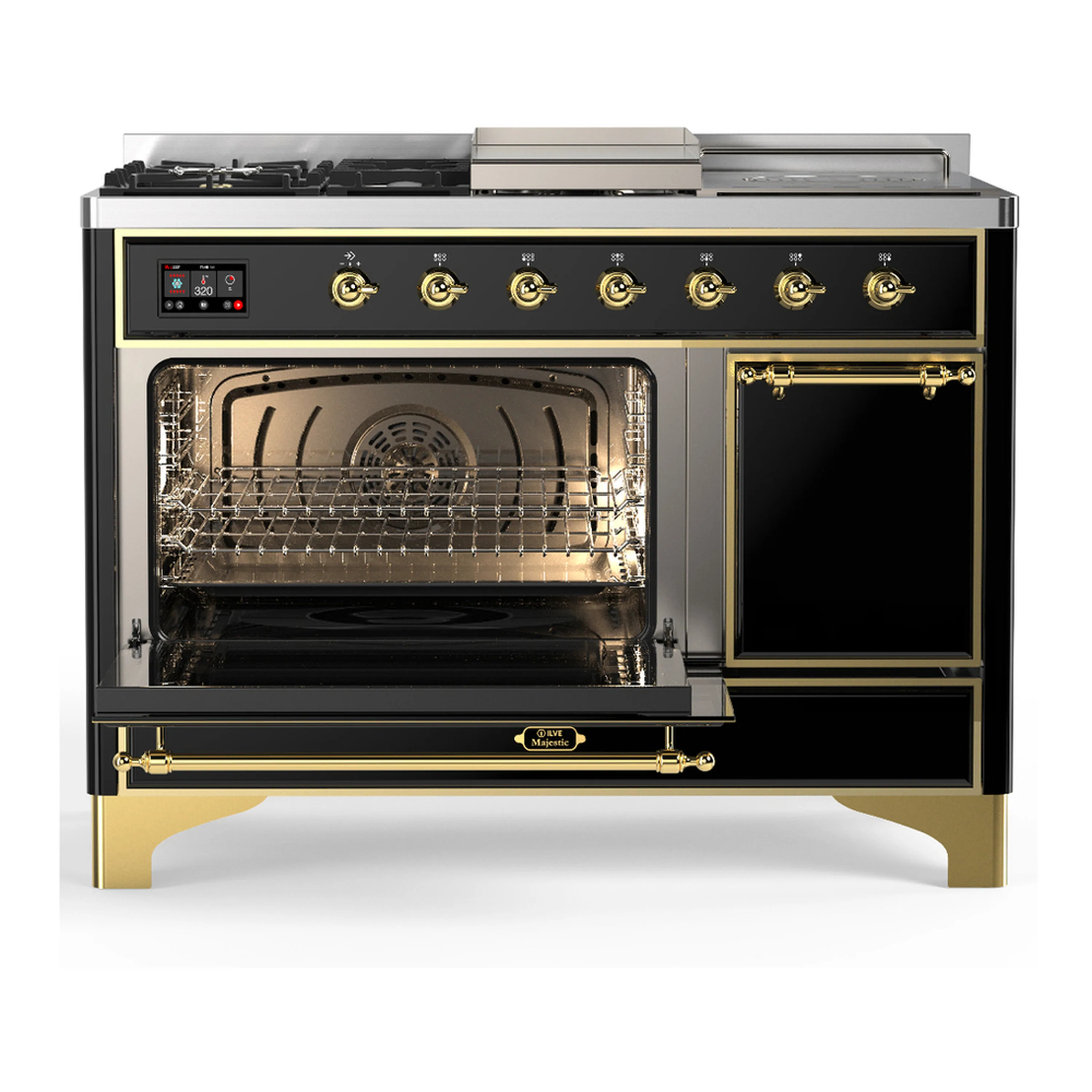 ILVE Majestic III 48-inch Dual Fuel Range with 5 Natural Gas Burner, Griddle, French Top and Solid Door Electric Oven in Glossy Black with Brass Trim (UM48FSQNR3BKG) - Image 5