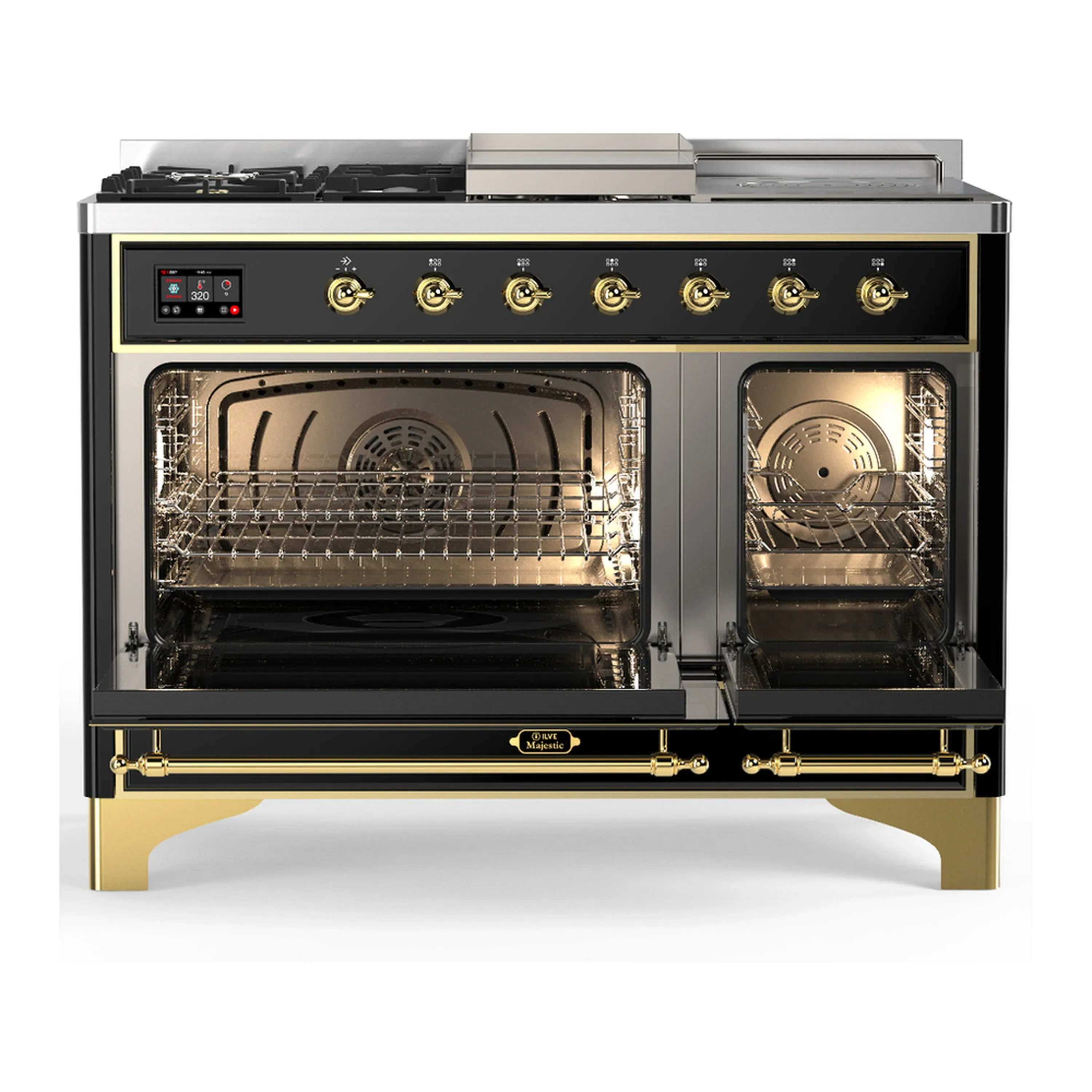 ILVE Majestic III 48-inch Dual Fuel Range with 5 Natural Gas Burner, Griddle, French Top and Solid Door Electric Oven in Glossy Black with Brass Trim (UM48FSQNR3BKG) - Image 6