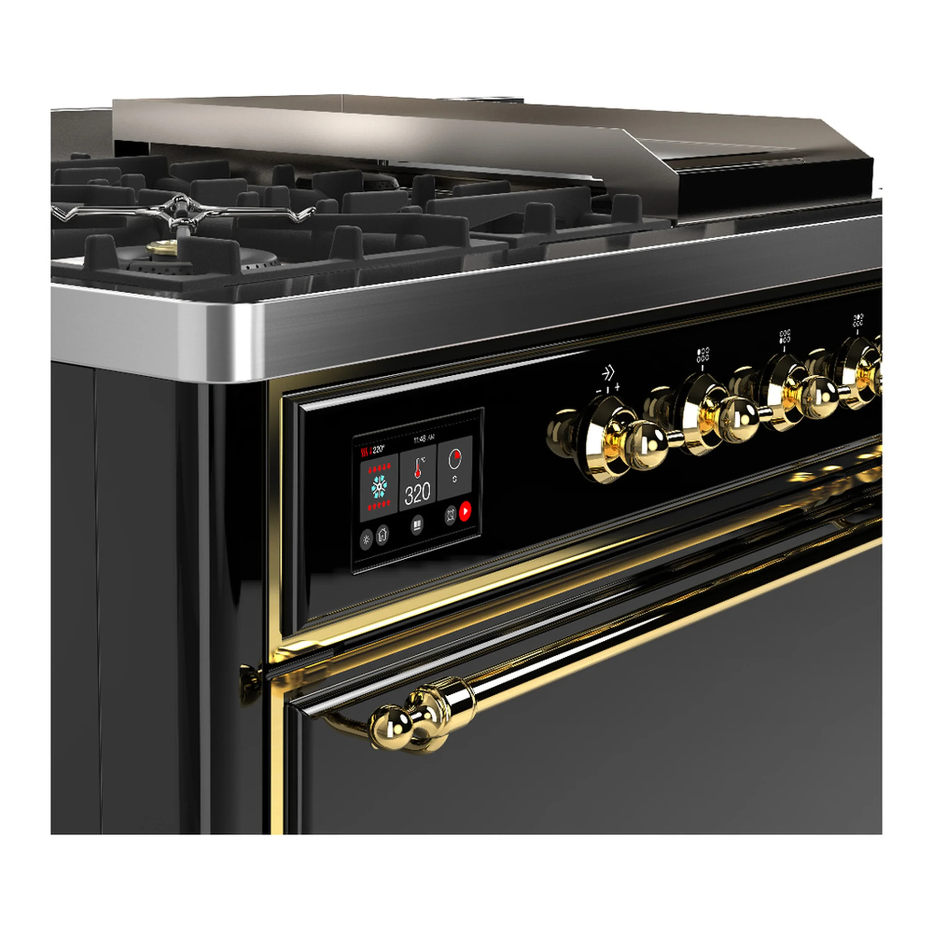 ILVE Majestic III 48-inch Dual Fuel Range with 5 Natural Gas Burner, Griddle, French Top and Solid Door Electric Oven in Glossy Black with Brass Trim (UM48FSQNR3BKG) - Image 7