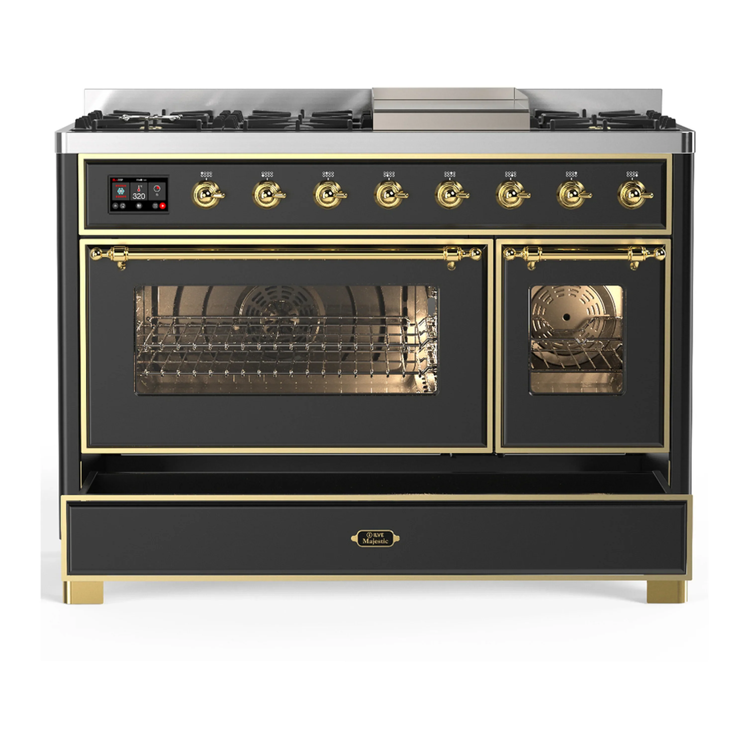 ILVE Majestic III 48-inch Dual Fuel Range with 5 Natural Gas Burner, Griddle and Triple Glass Door Electric Oven in Graphite Matte with Brass Trim (UM48FNR3MGG) - Image 3