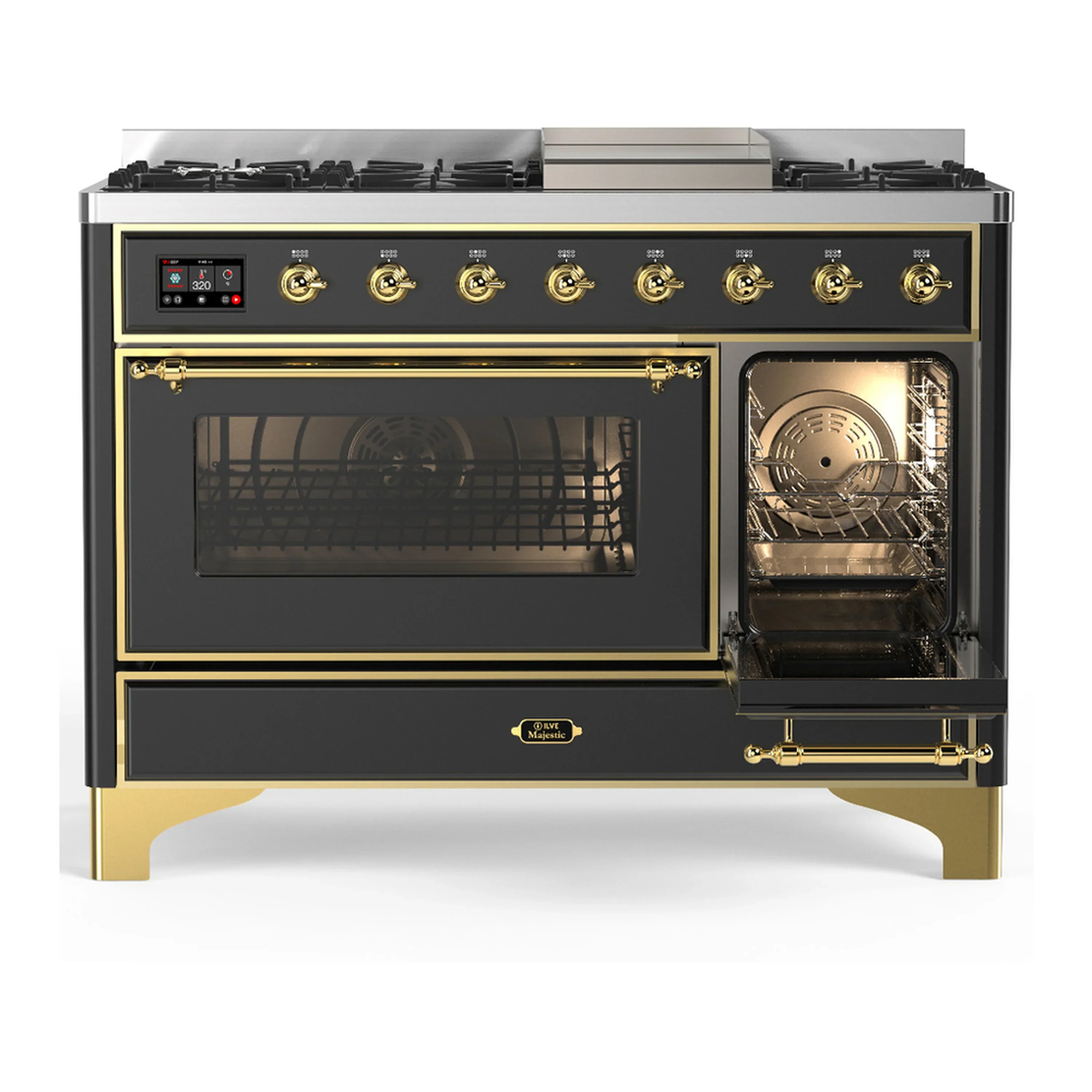 ILVE Majestic III 48-inch Dual Fuel Range with 5 Natural Gas Burner, Griddle and Triple Glass Door Electric Oven in Graphite Matte with Brass Trim (UM48FNR3MGG) - Image 4
