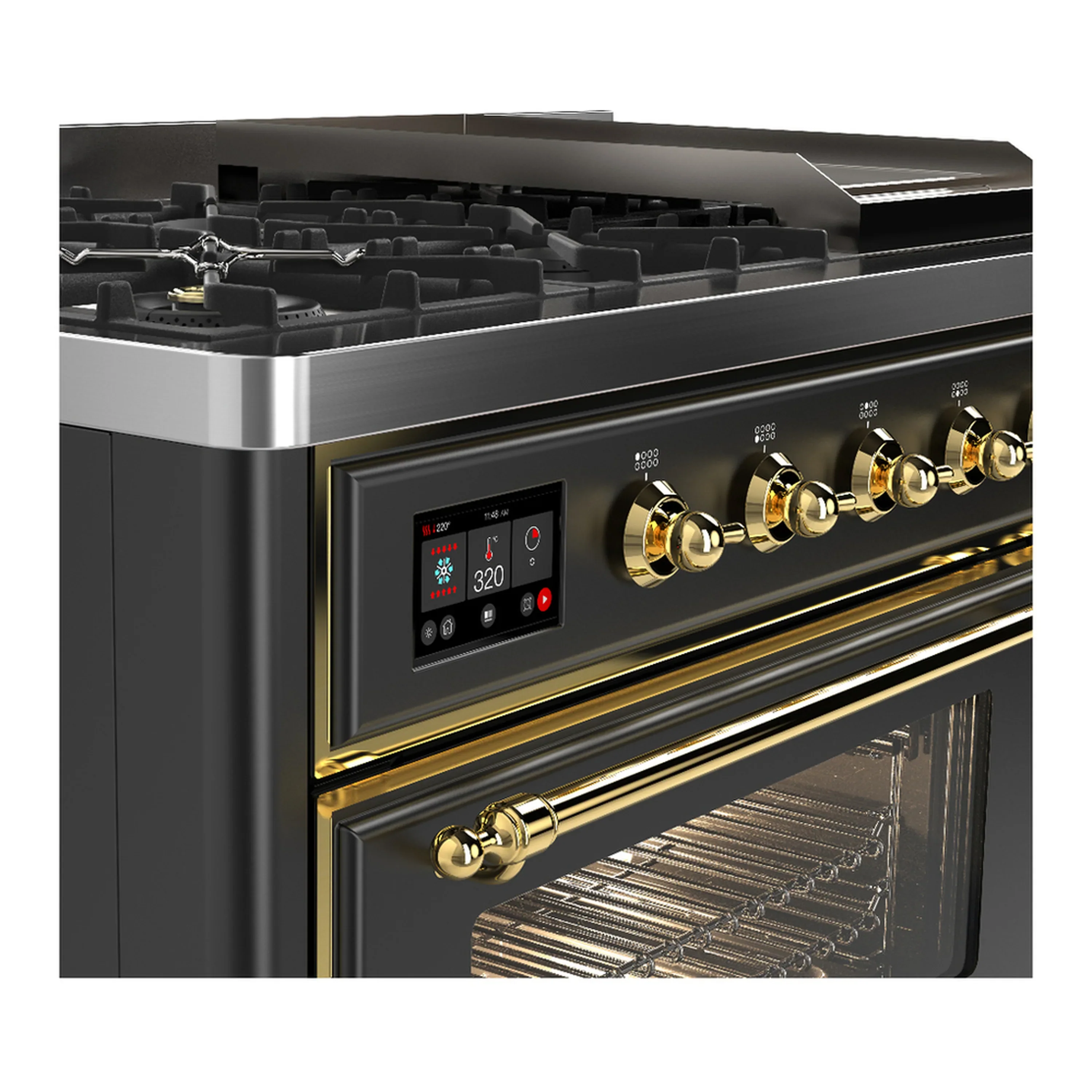 ILVE Majestic III 48-inch Dual Fuel Range with 5 Natural Gas Burner, Griddle and Triple Glass Door Electric Oven in Graphite Matte with Brass Trim (UM48FNR3MGG) - Image 7
