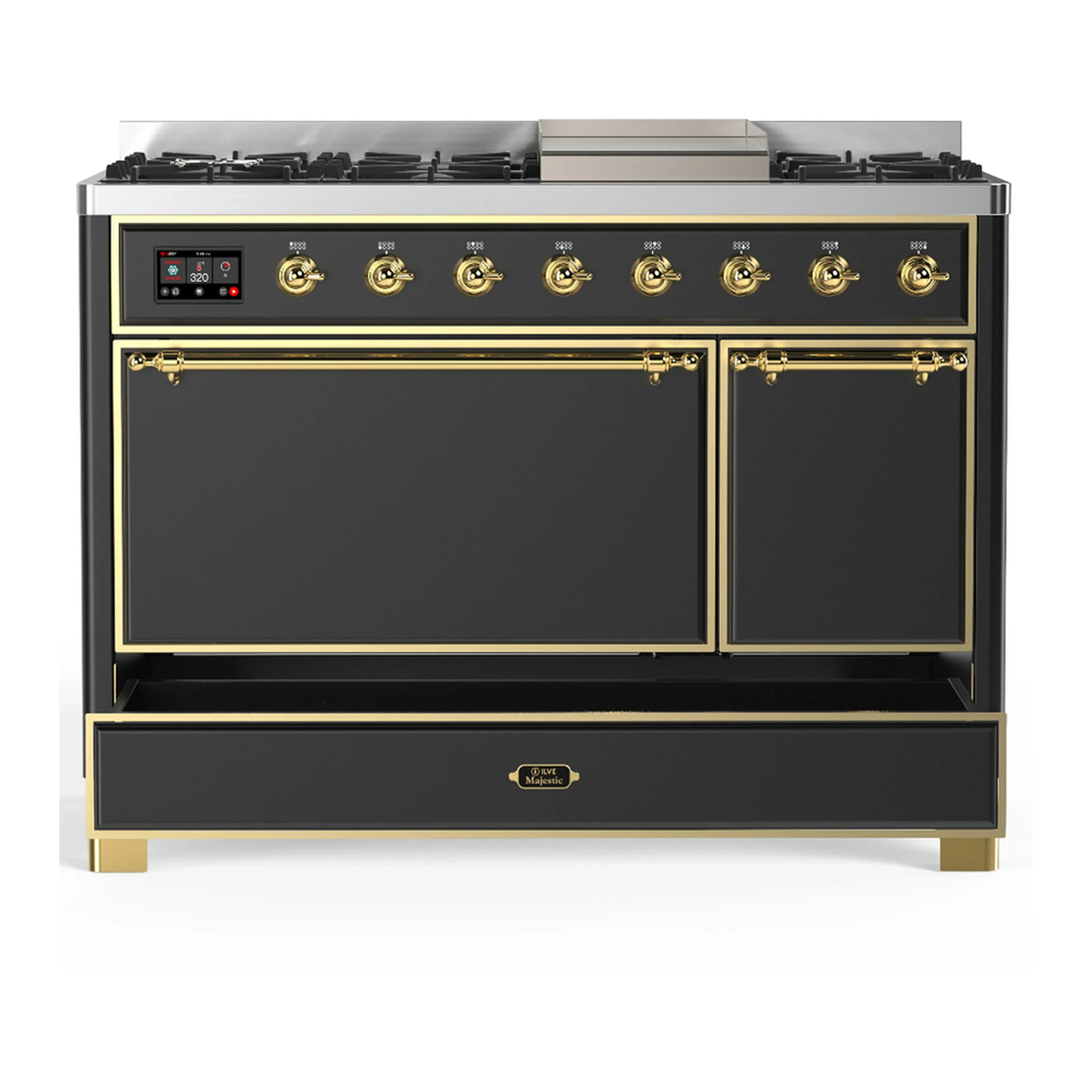 ILVE Majestic III 48-inch Dual Fuel Range with 5 Liquid Propane Burner, Griddle and Solid Door Electric Oven in Graphite Matte with Brass Trim (UM48FQNR3MGGLP) - Image 2