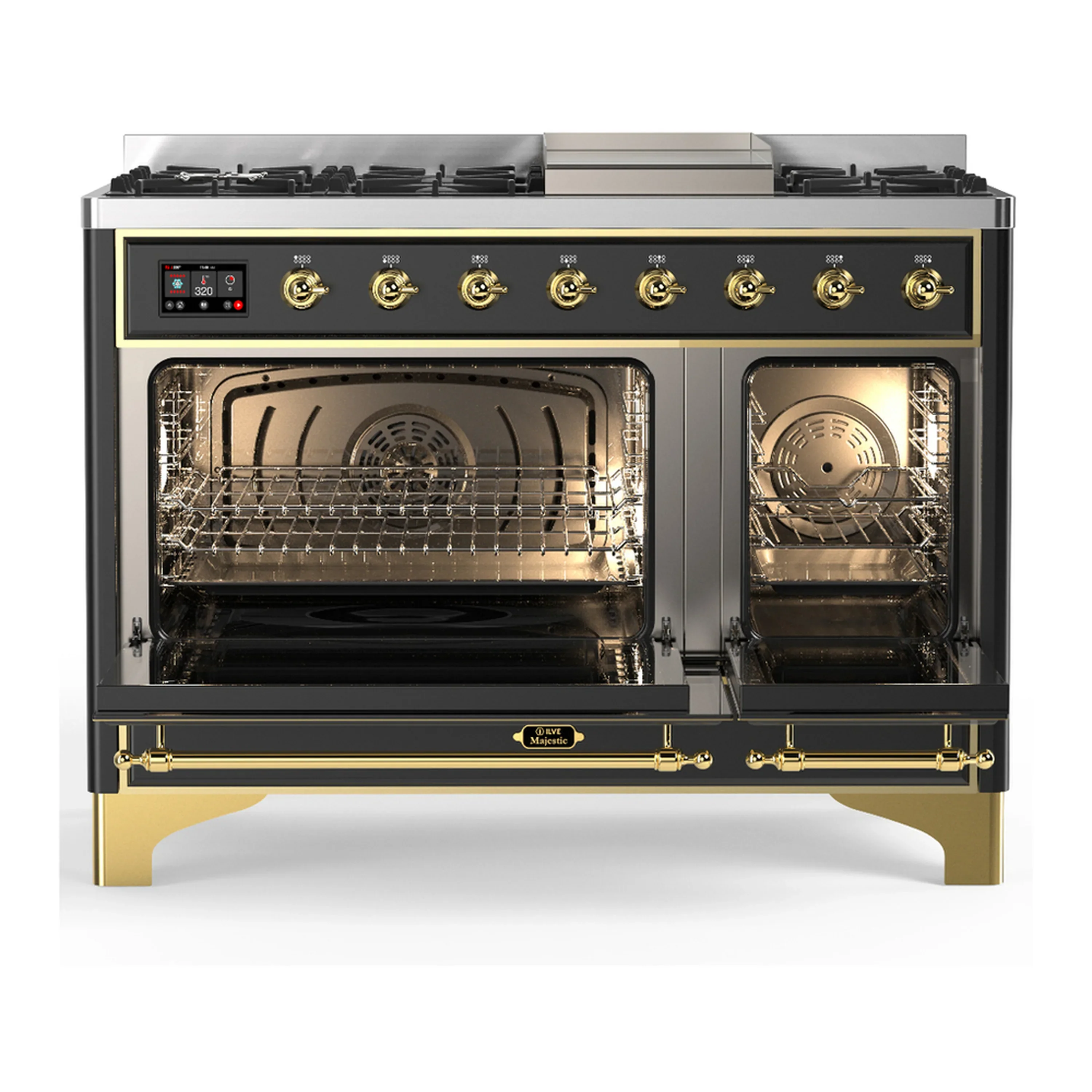 ILVE Majestic III 48-inch Dual Fuel Range with 5 Liquid Propane Burner, Griddle and Solid Door Electric Oven in Graphite Matte with Brass Trim (UM48FQNR3MGGLP) - Image 5