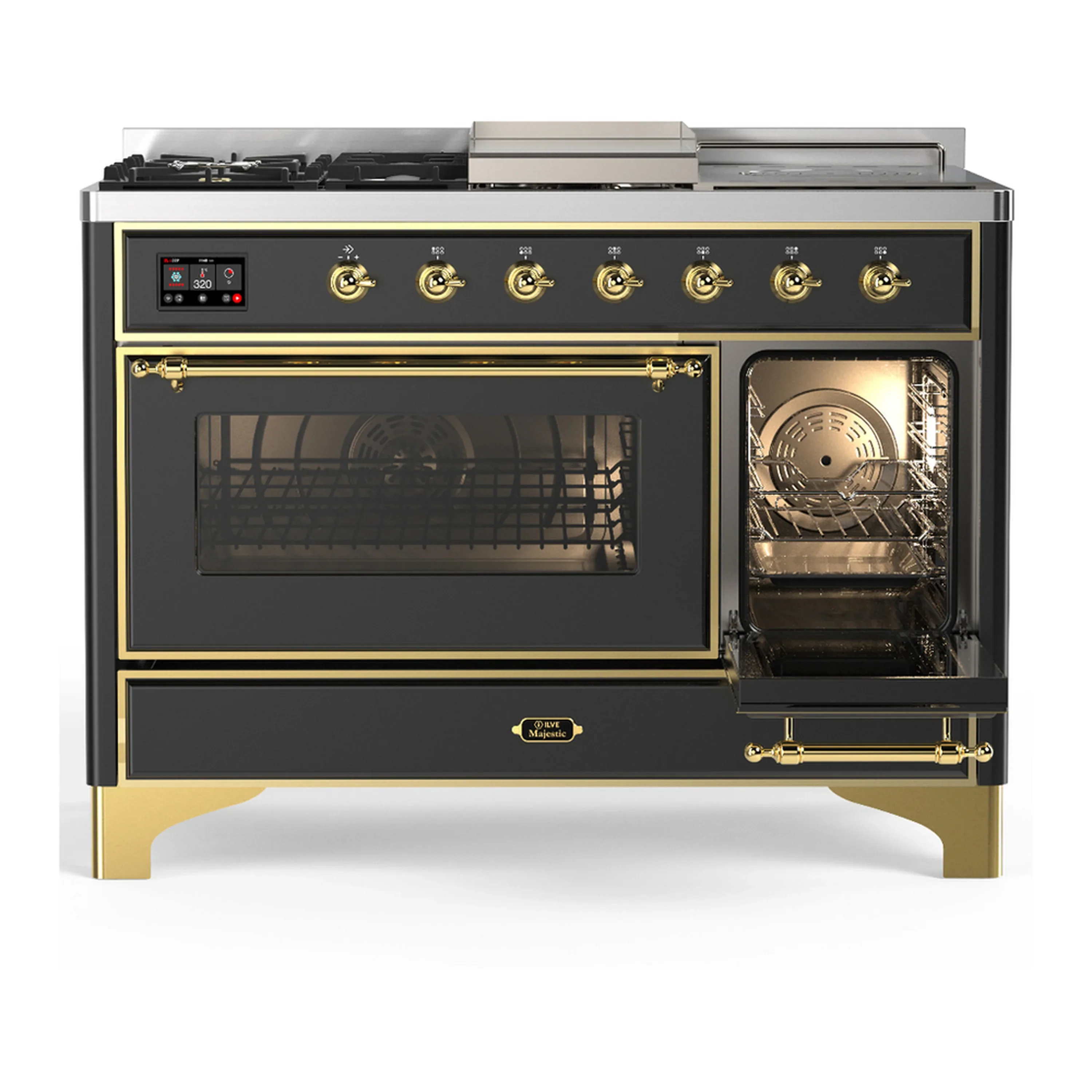 ILVE Majestic III 48-inch Dual Fuel Range with 5 Natural Gas Burner, Griddle, French Top and Triple Glass Door Electric Oven in Graphite Matte with Brass Trim (UM48FSNR3MGG) - Image 4