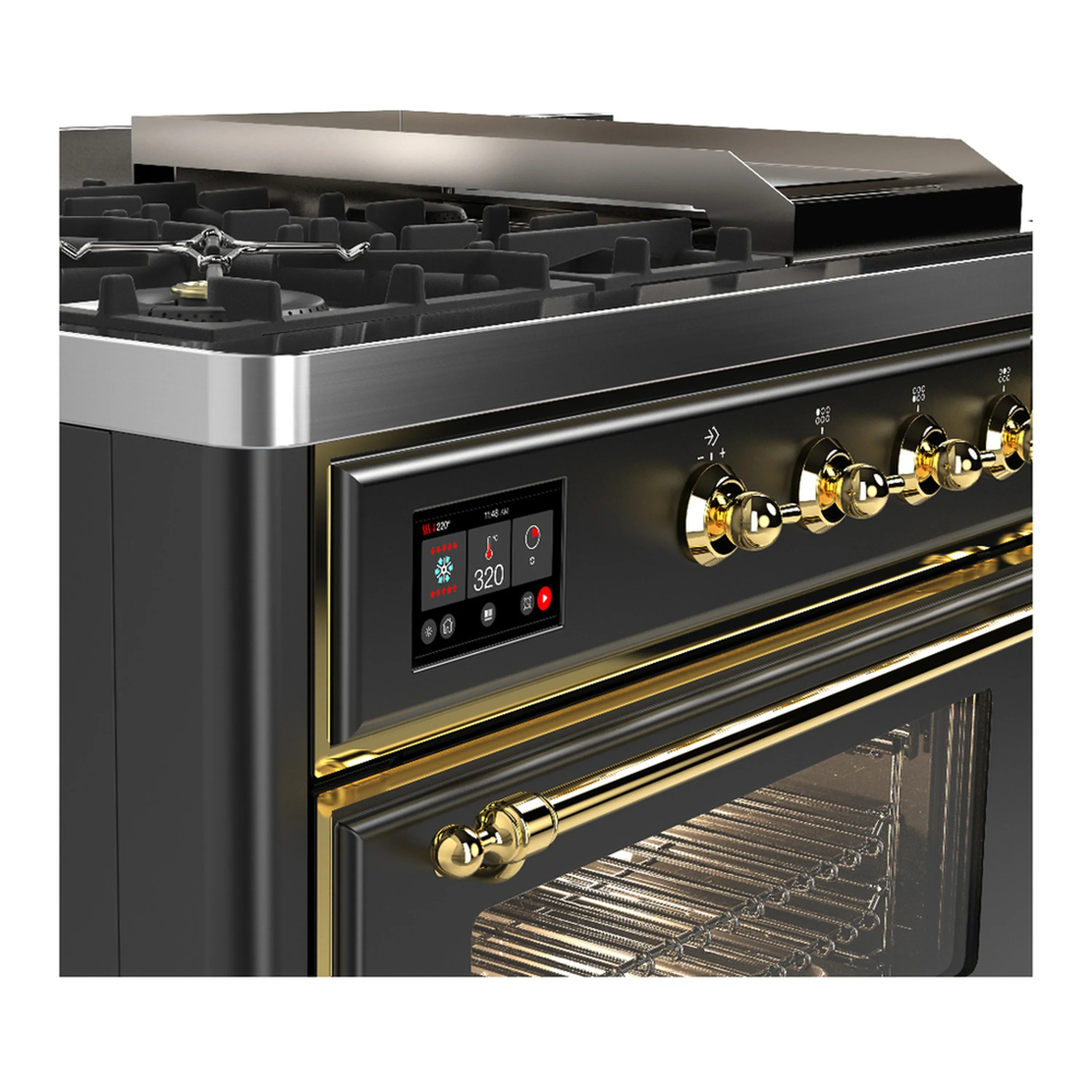 ILVE Majestic III 48-inch Dual Fuel Range with 5 Natural Gas Burner, Griddle, French Top and Triple Glass Door Electric Oven in Graphite Matte with Brass Trim (UM48FSNR3MGG) - Image 7