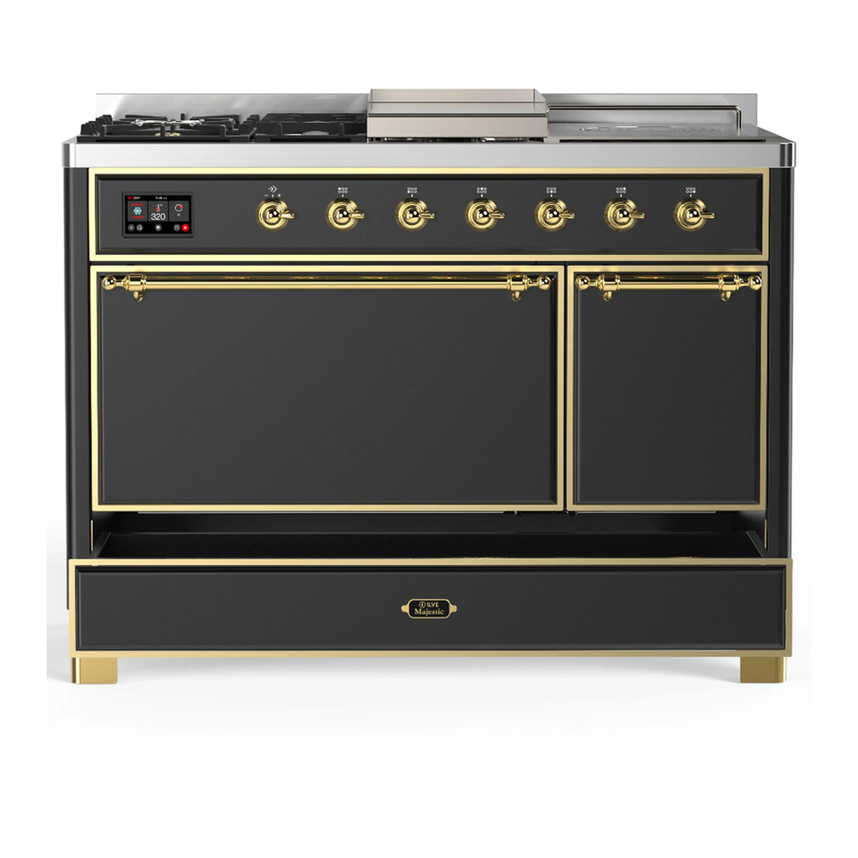 ILVE Majestic III 48-inch Dual Fuel Range with 5 Natural Gas Burner, Griddle, French Top and Solid Door Electric Oven in Graphite Matte with Brass Trim (UM48FSQNR3MGG) - Image 3