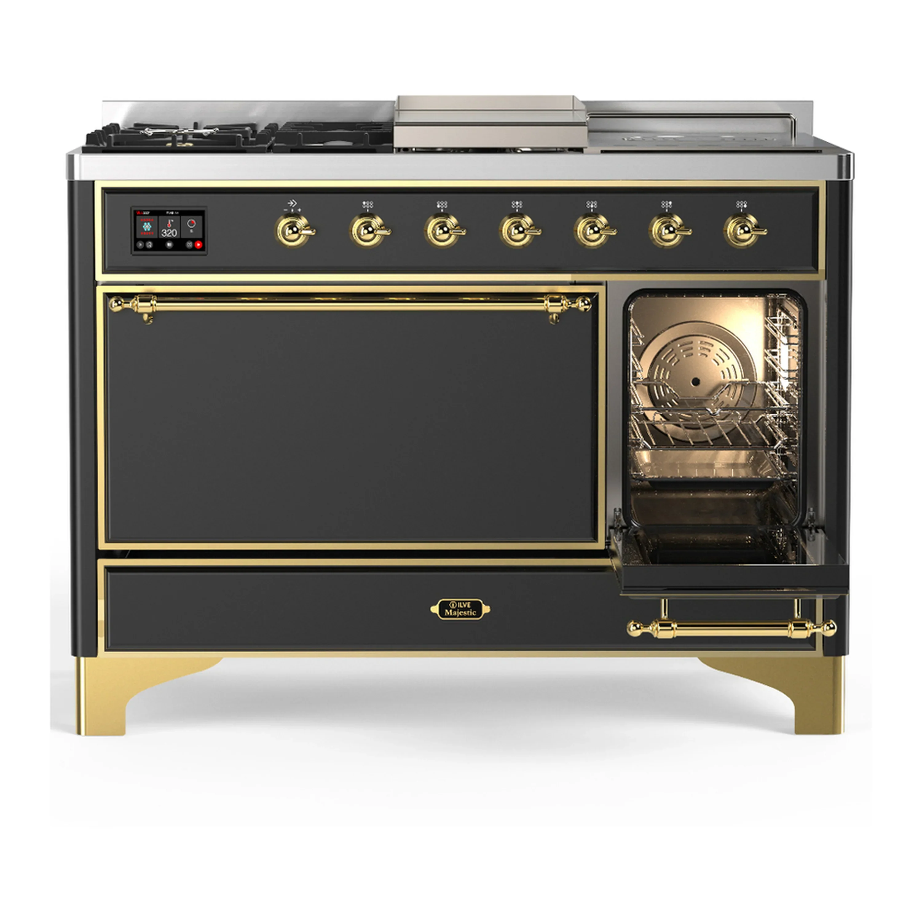 ILVE Majestic III 48-inch Dual Fuel Range with 5 Liquid Propane Burner, Griddle, French Top and Solid Door Electric Oven in Graphite Matte with Brass Trim (UM48FSQNR3MGGLP) - Image 4