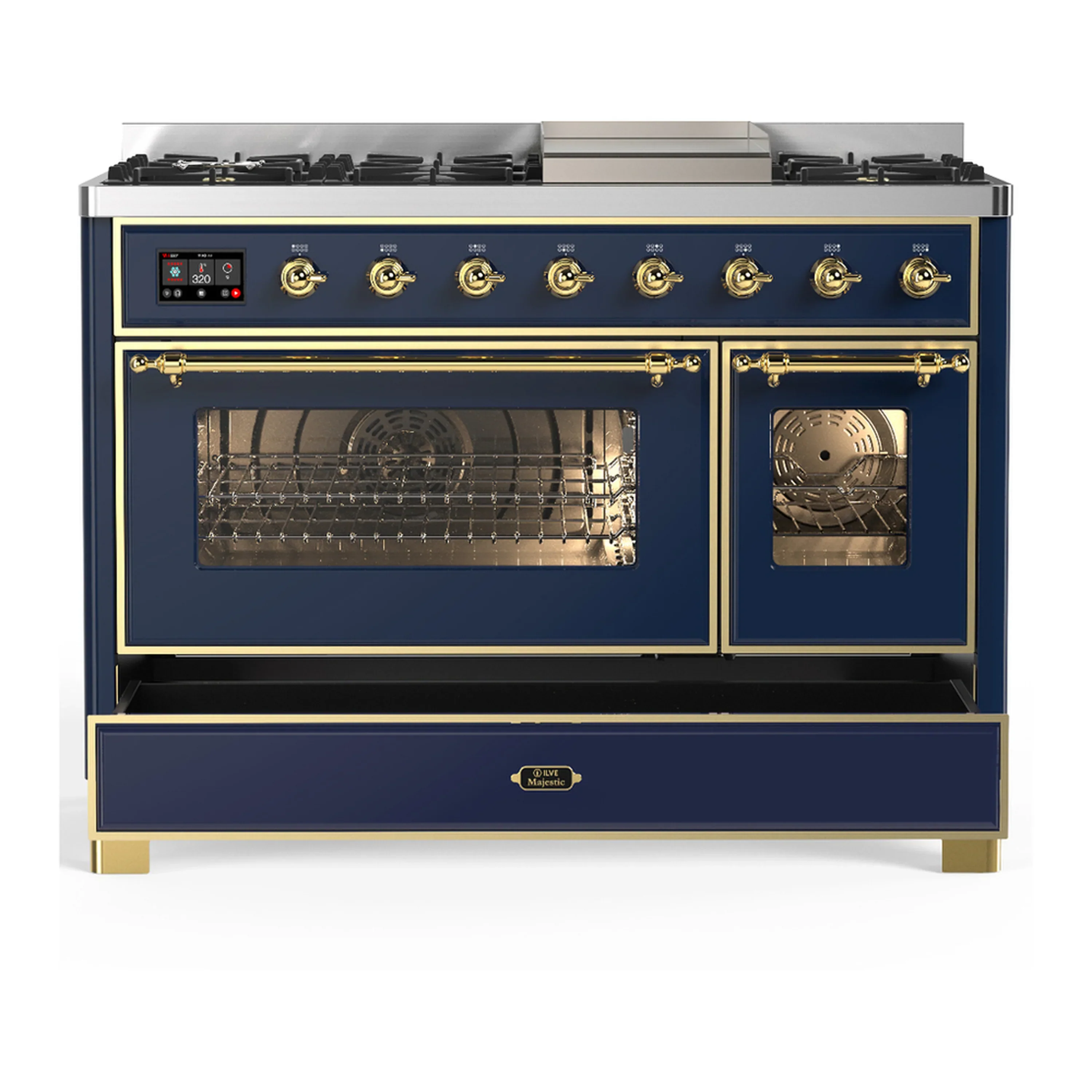 ILVE Majestic III 48-inch Dual Fuel Range with 5 Natural Gas Burner, Griddle and Triple Glass Door Electric Oven in Blue Grey with Brass Trim (UM48FNR3MBG) - Image 3