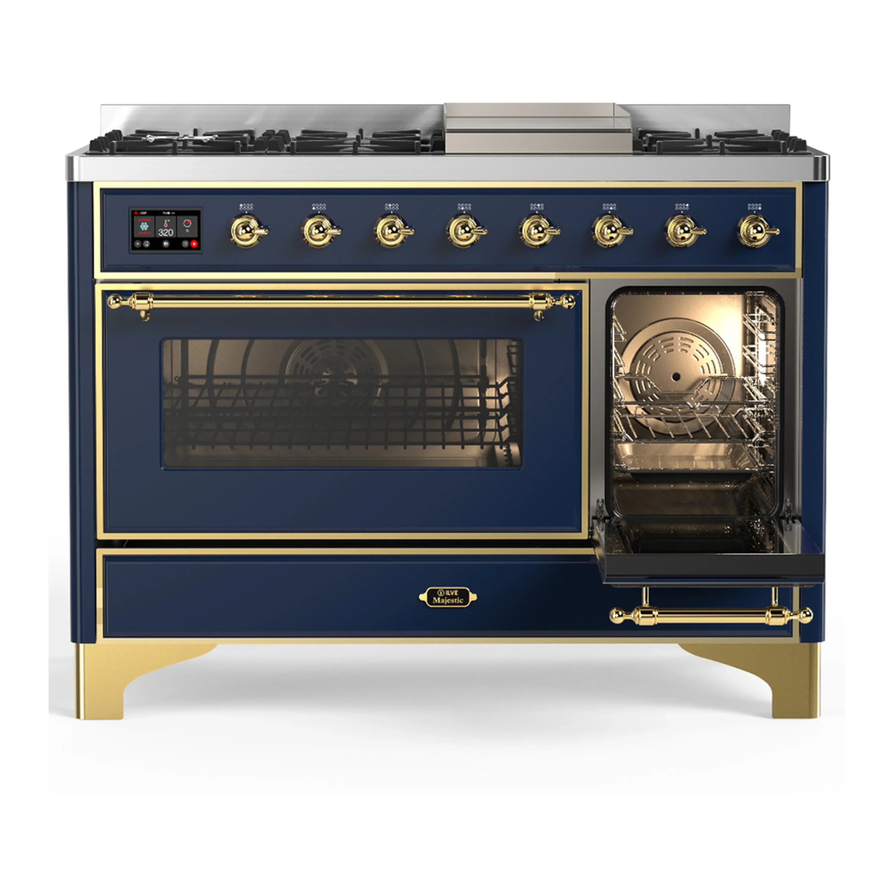 ILVE Majestic III 48-inch Dual Fuel Range with 5 Natural Gas Burner, Griddle and Triple Glass Door Electric Oven in Blue Grey with Brass Trim (UM48FNR3MBG) - Image 4