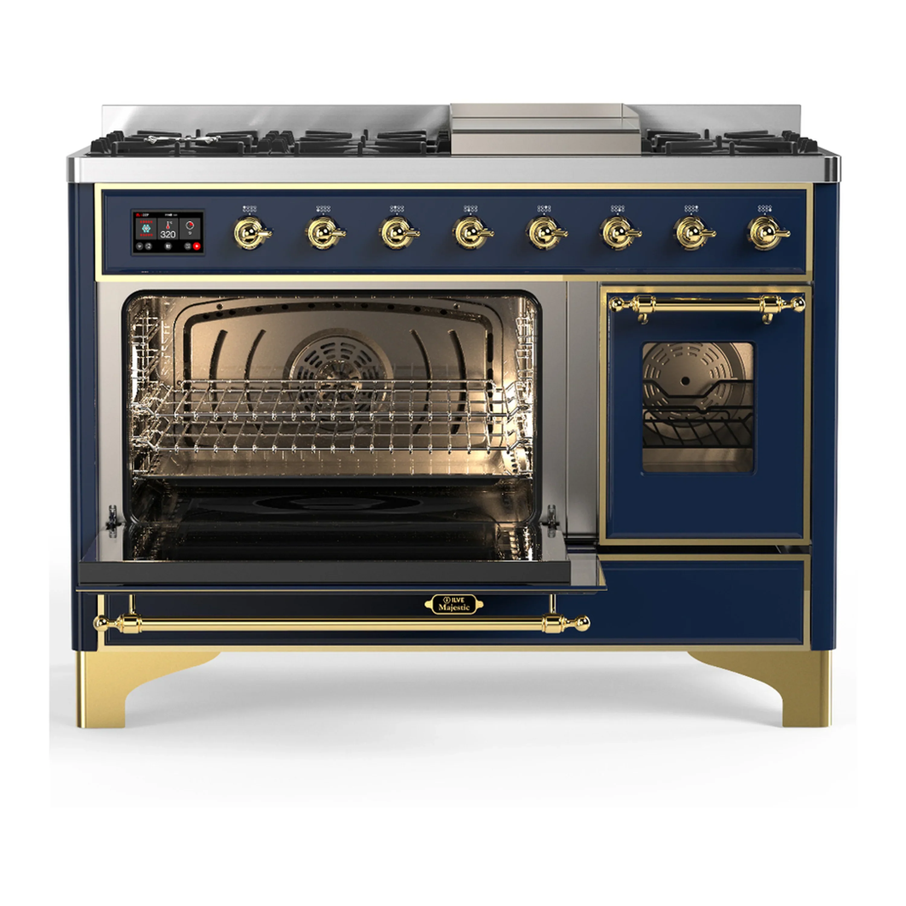 ILVE Majestic III 48-inch Dual Fuel Range with 5 Natural Gas Burner, Griddle and Triple Glass Door Electric Oven in Blue Grey with Brass Trim (UM48FNR3MBG) - Image 5