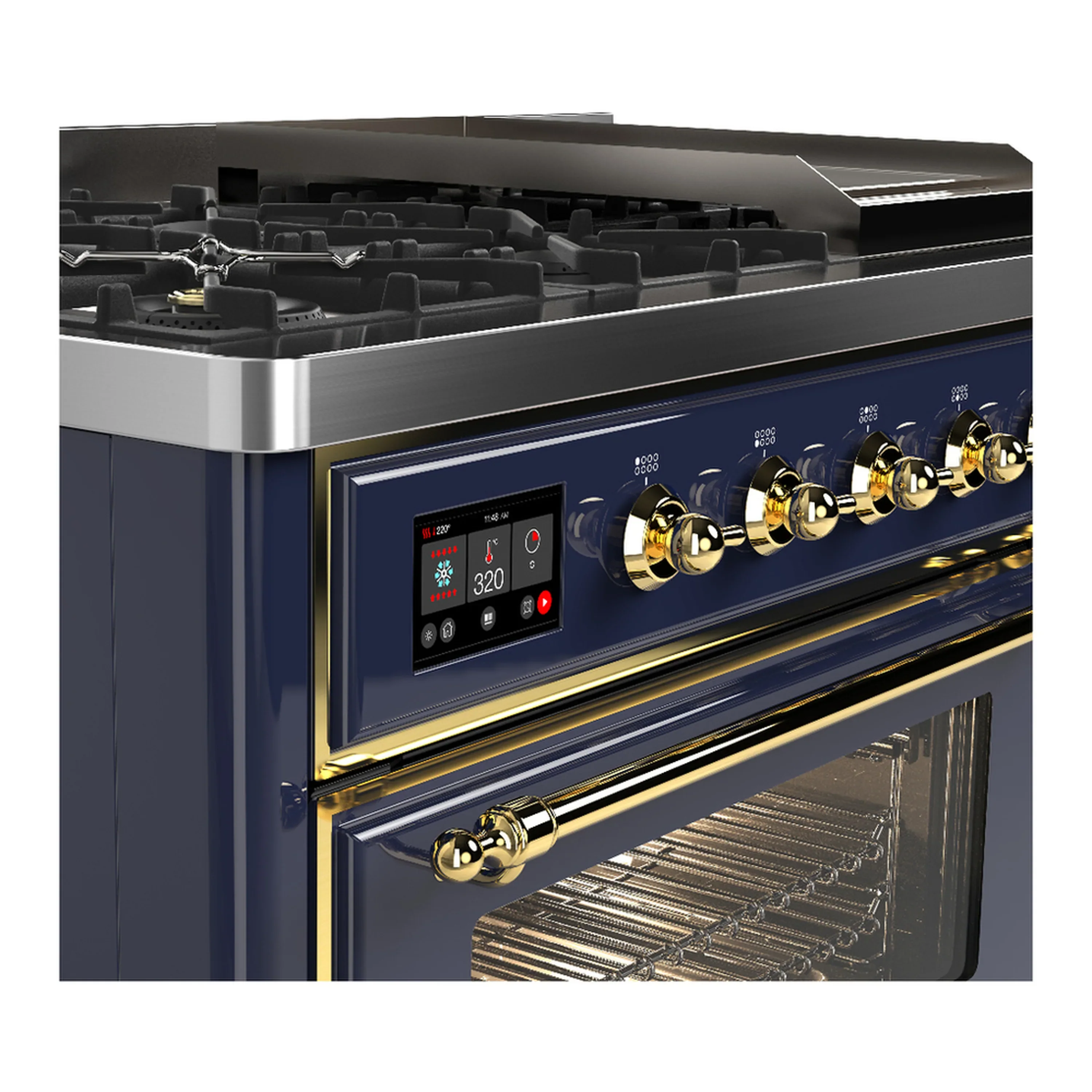 ILVE Majestic III 48-inch Dual Fuel Range with 5 Natural Gas Burner, Griddle and Triple Glass Door Electric Oven in Blue Grey with Brass Trim (UM48FNR3MBG) - Image 7