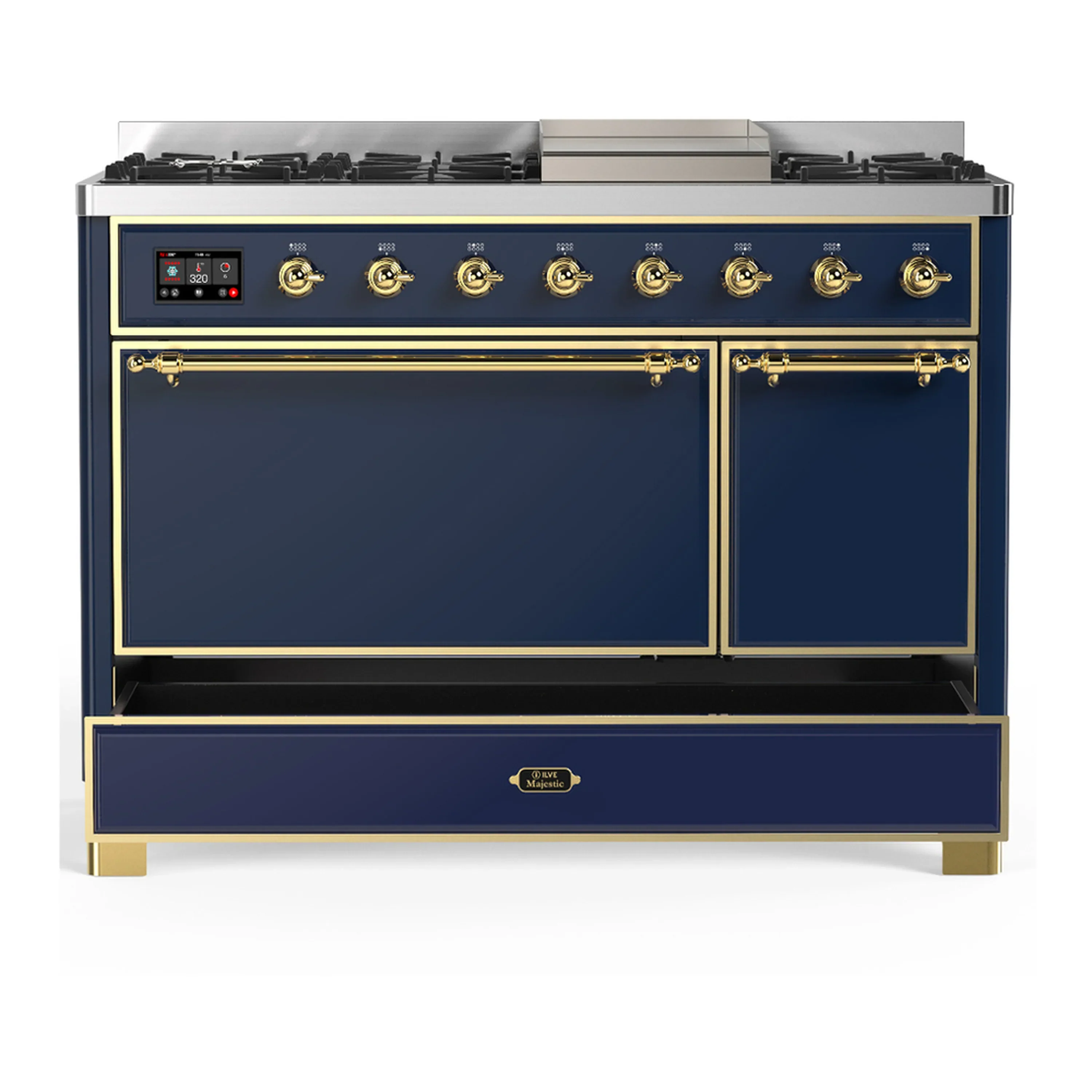 ILVE Majestic III 48-inch Dual Fuel Range with 5 Natural Gas Burner, Griddle and Solid Door Electric Oven in Blue Grey with Brass Trim (UM48FQNR3MBG) - Image 3