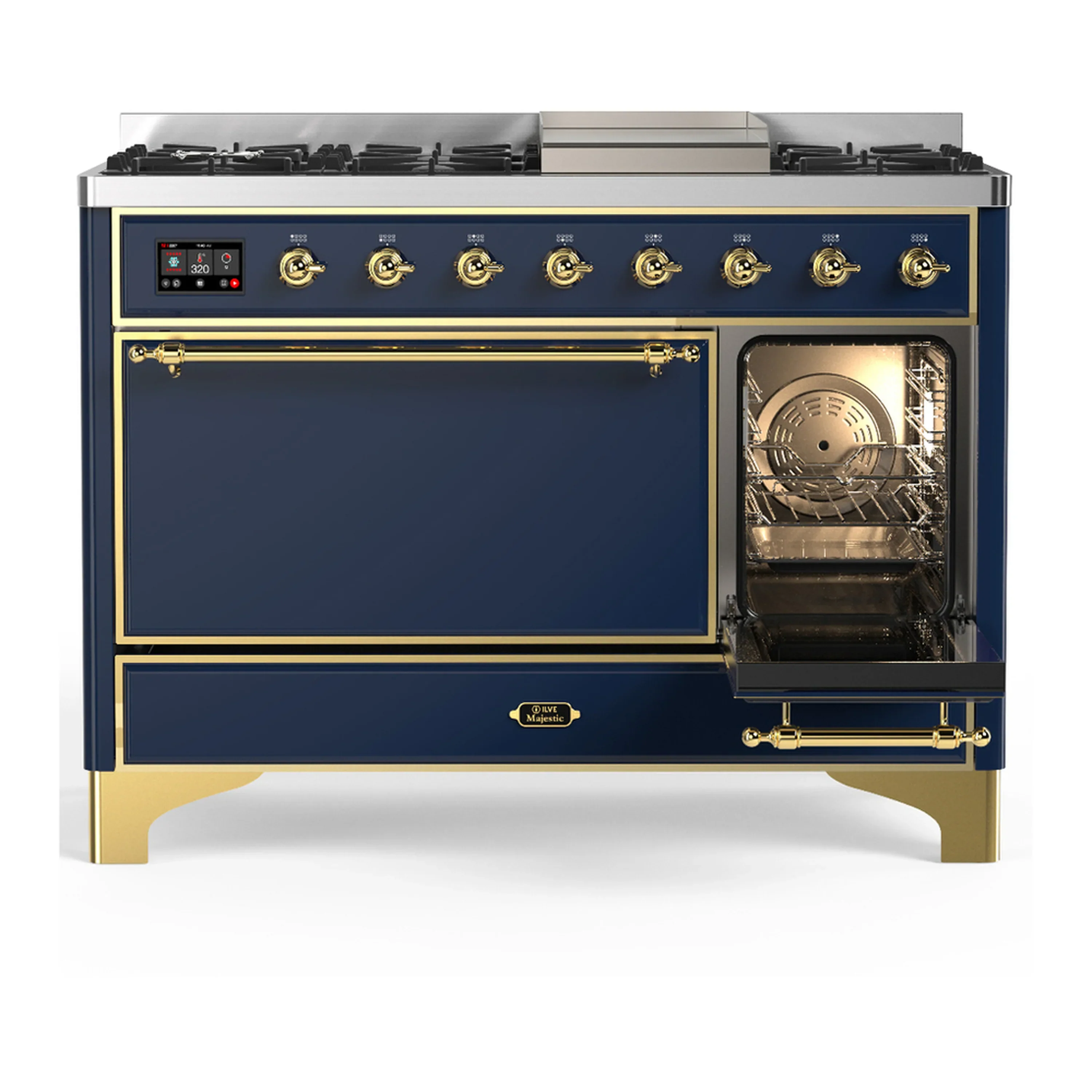 ILVE Majestic III 48-inch Dual Fuel Range with 5 Natural Gas Burner, Griddle and Solid Door Electric Oven in Blue Grey with Brass Trim (UM48FQNR3MBG) - Image 4
