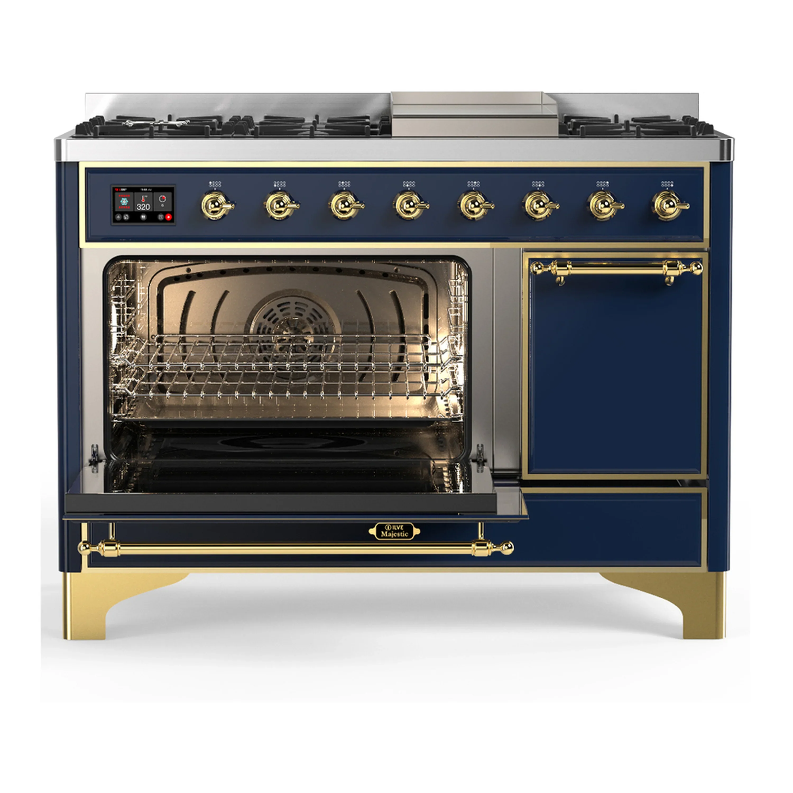 ILVE Majestic III 48-inch Dual Fuel Range with 5 Natural Gas Burner, Griddle and Solid Door Electric Oven in Blue Grey with Brass Trim (UM48FQNR3MBG) - Image 5